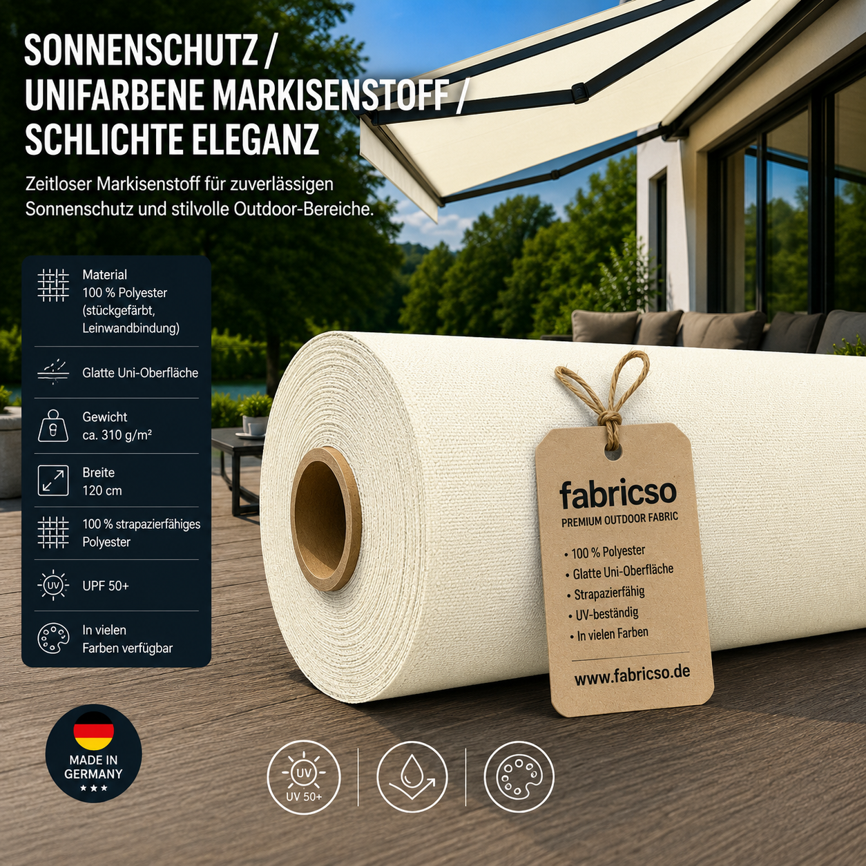 Swela 310 Elegance Uni: Klassischer, glatter Markisenstoff mit UPF 50+. Stückgefärbt, 310g/m² fabricso