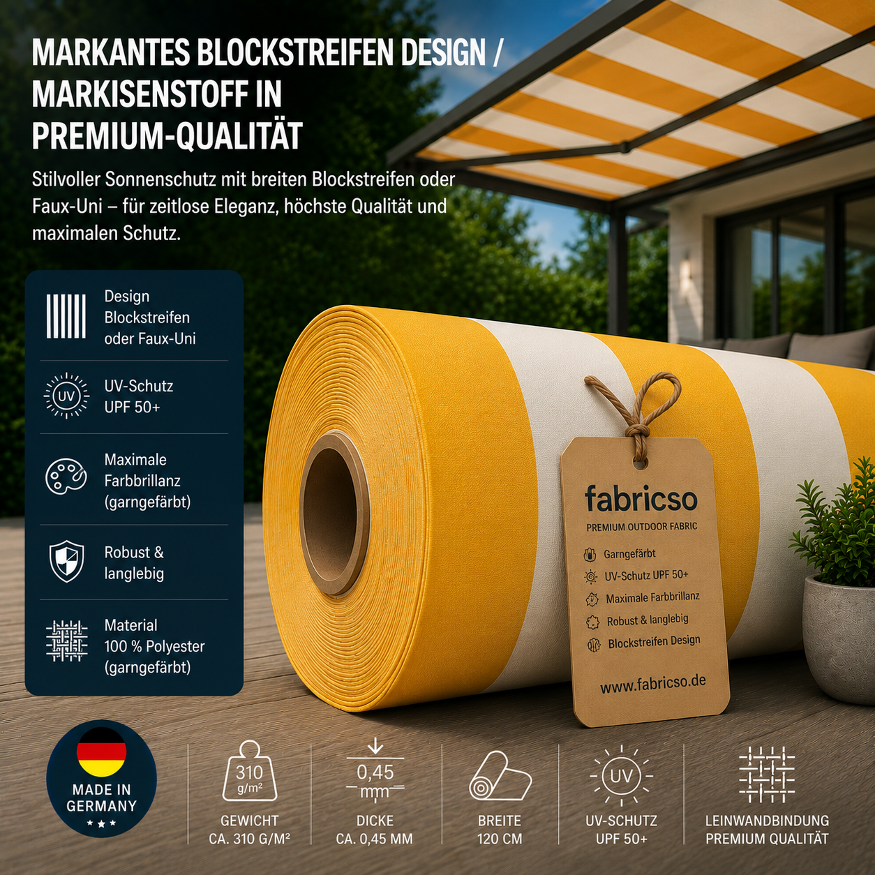 Swela 313 Elegance – Markisenstoff mit Blockstreifen & Faux-Uni | UPF 50+ fabricso