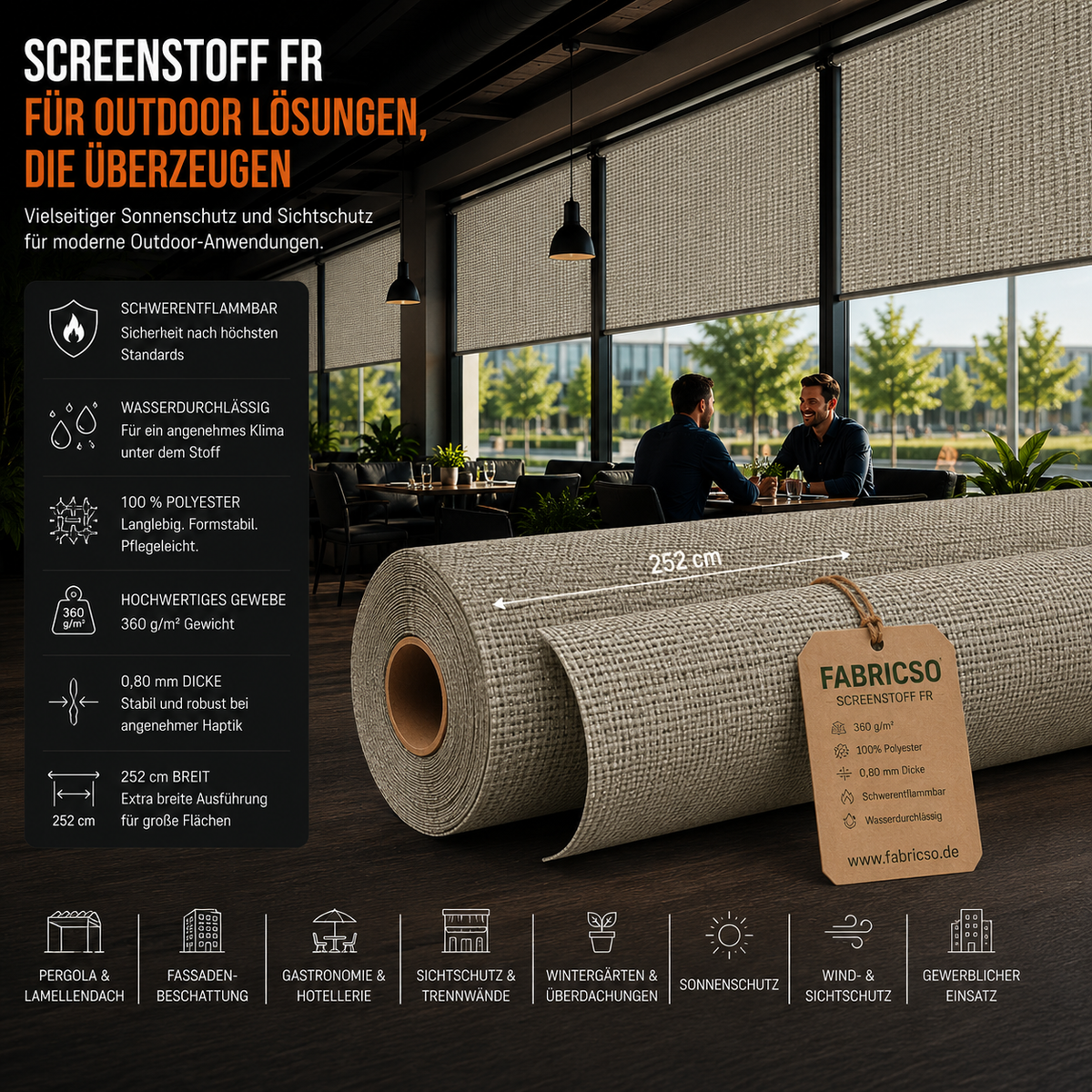 Screenstoff FR – Schwerentflammbares Gewebe für vertikale Beschattung & Outdoor-Anwendungen fabricso