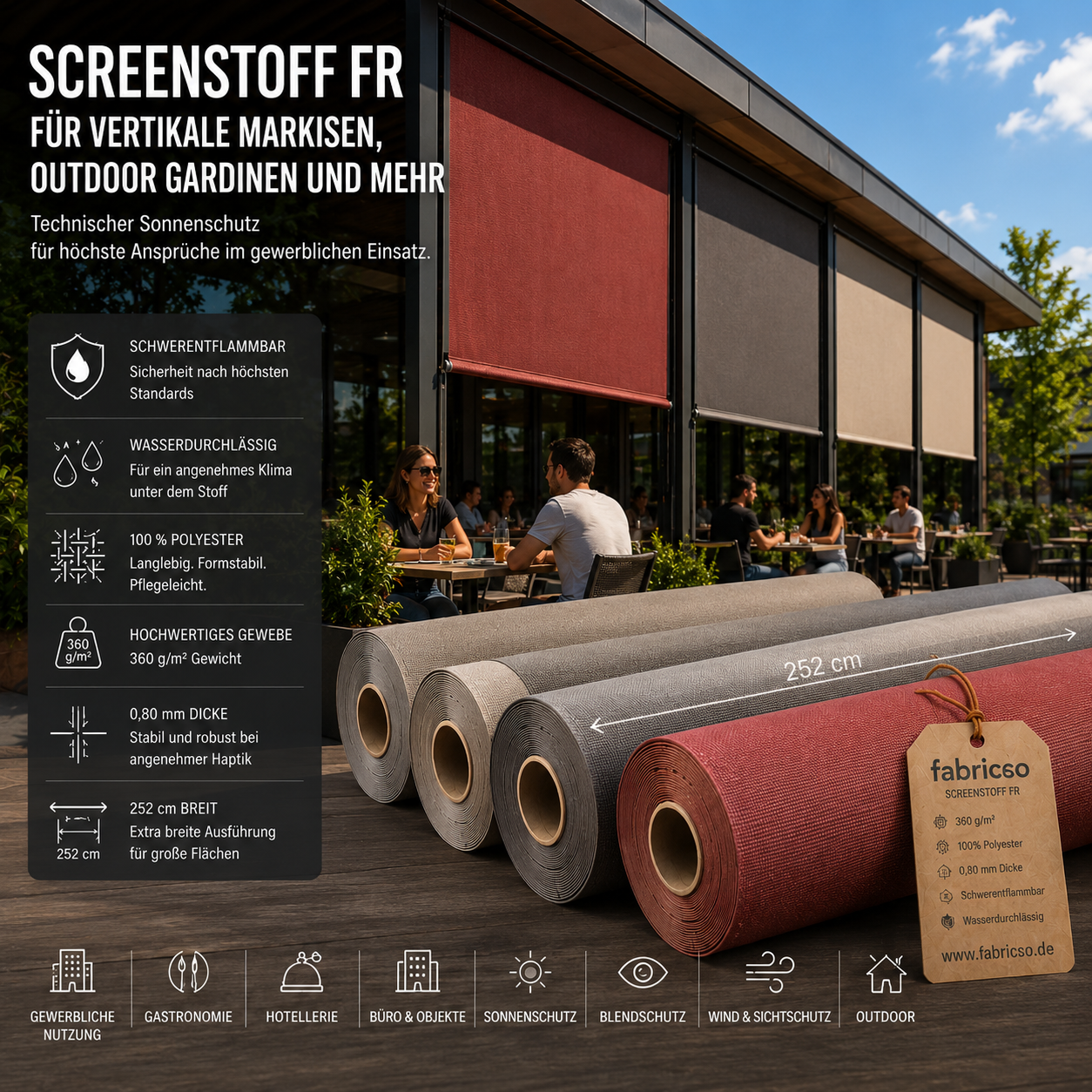 Screenstoff FR – Schwerentflammbares Gewebe für vertikale Beschattung & Outdoor-Anwendungen