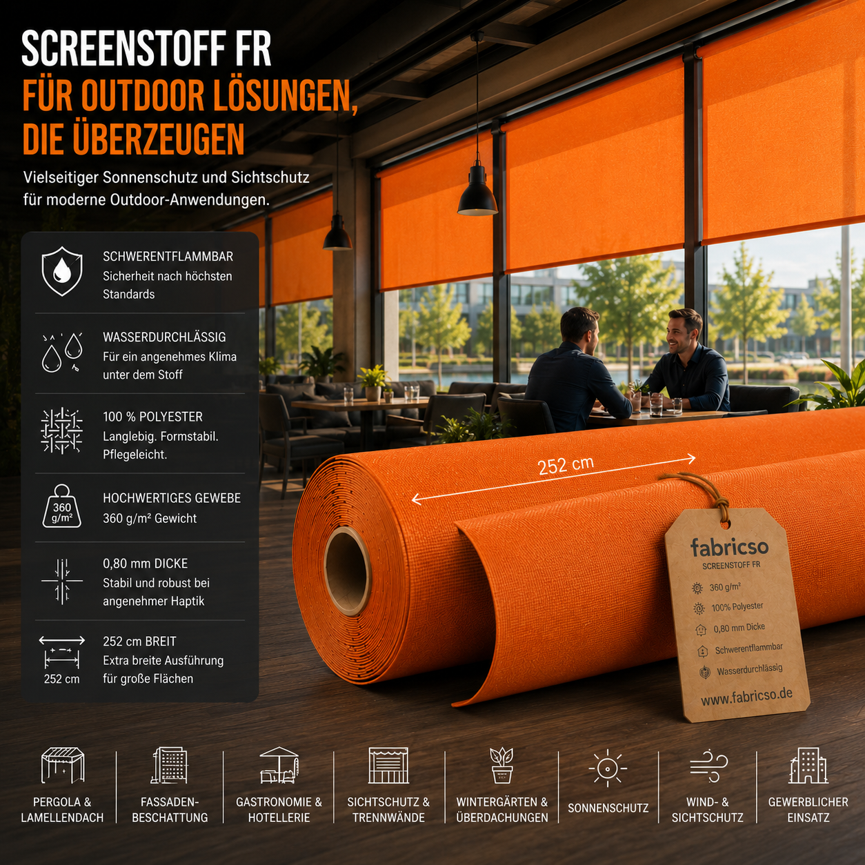 Screenstoff FR – Schwerentflammbares Gewebe für vertikale Beschattung & Outdoor-Anwendungen