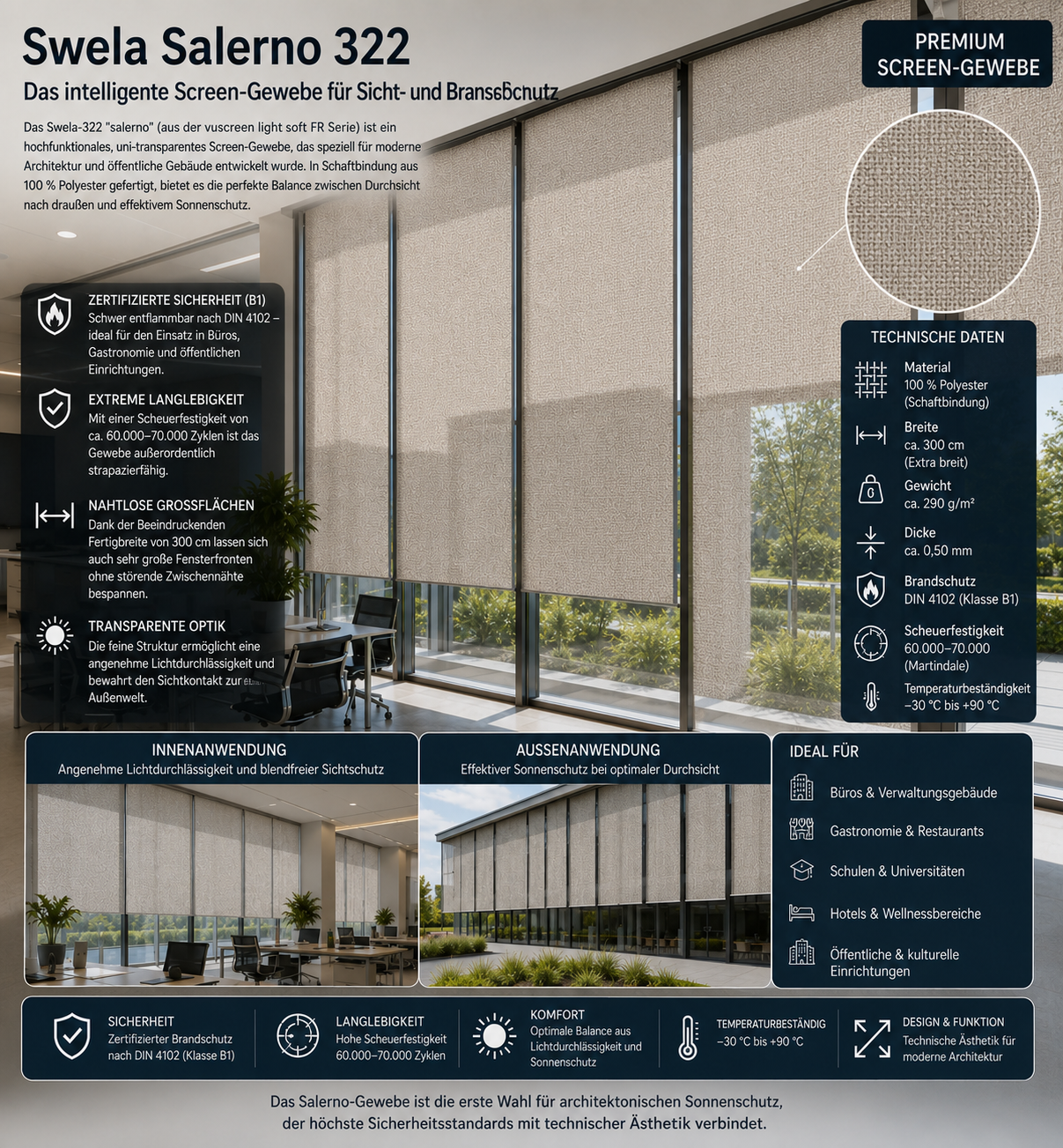 Swela 322 Salerno (vuscreen light soft FR) – B1 Screen-Gewebe | 300cm Breite fabricso