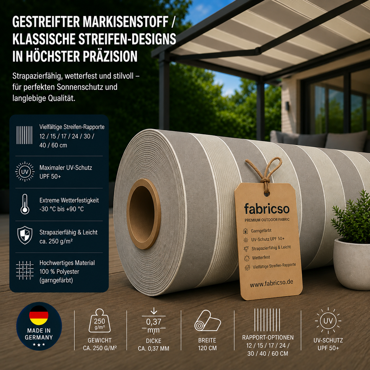 Swela 328 Shine – Gestreifter Markisenstoff | UPF 50+ & Große Rapport-Auswahl fabricso