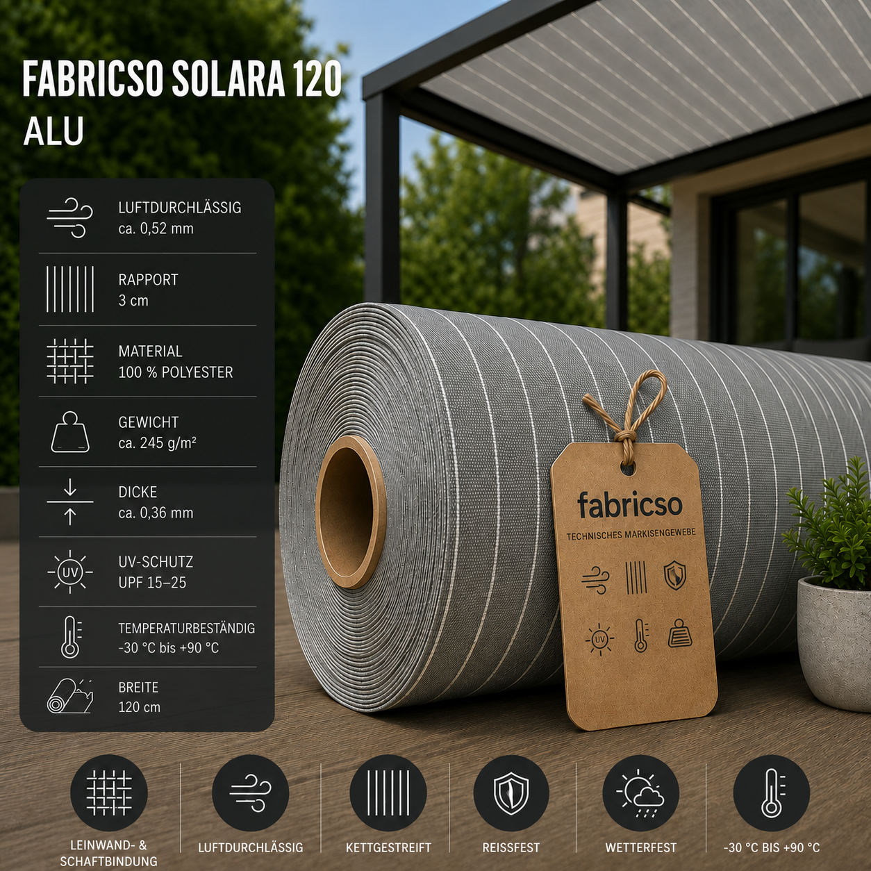 Fabricso Solara 120-Alu – Luftdurchlässiges Markisengewebe | Stabil & Lichtecht fabricso