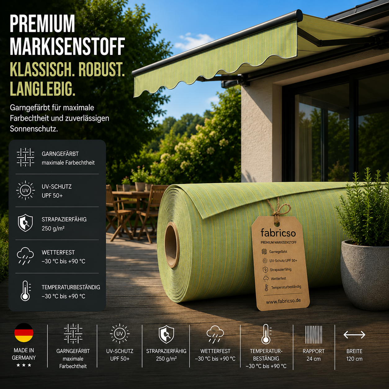 Swela 369 Shine – Gestreifter Markisenstoff | Garngefärbt & UPF 50+ | 120cm Breite fabricso