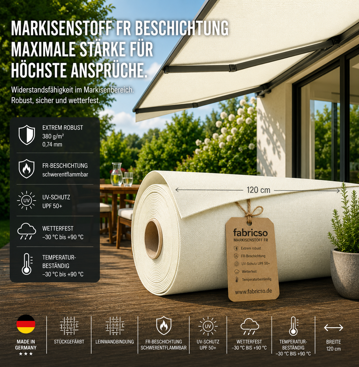 Swela Elegance Perla FR 371: Besonders dicker Markisenstoff (0,74mm) mit UPF 50+. Schwer entflammbar, 380g/m² & extrem wetterfest fabricso