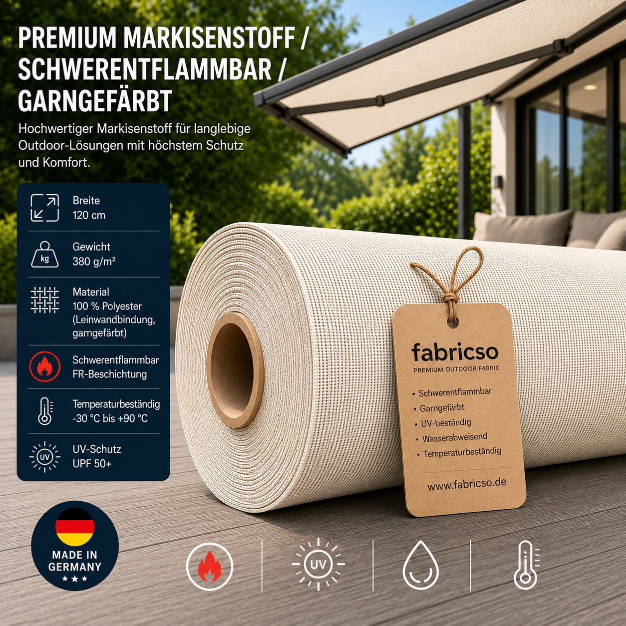 Swela Elegance Perla FR 372 – Premium Markisenstoff | Schwer entflammbar & Garngefärbt fabricso