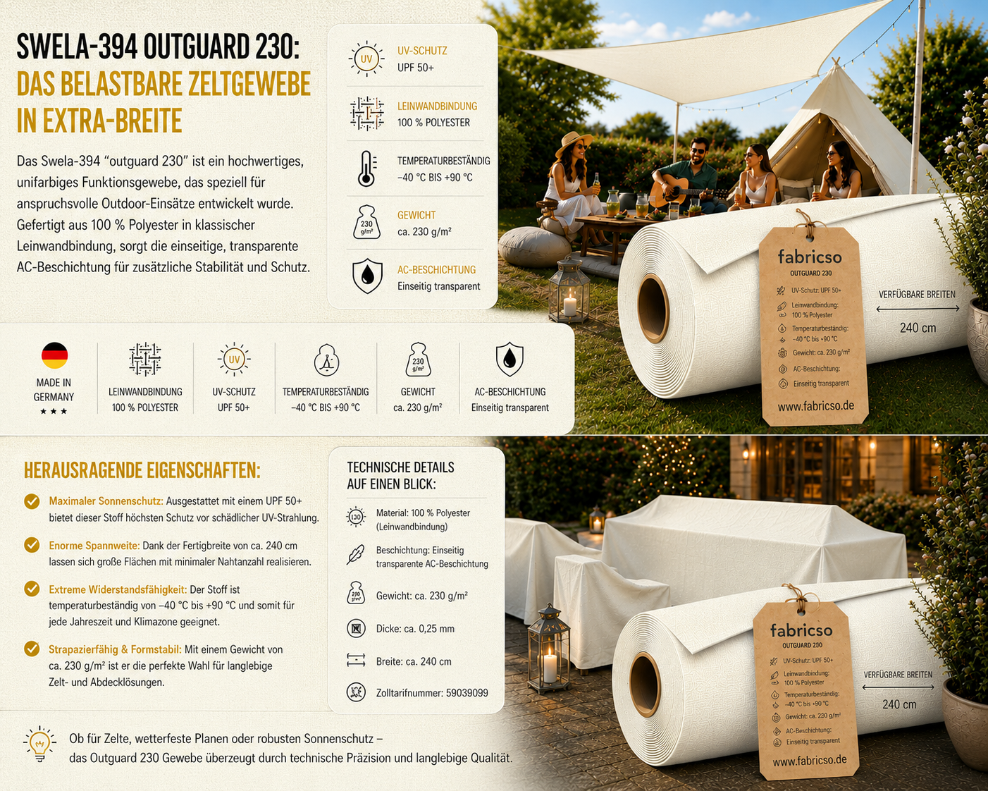 Swela 394 Outguard 230 – Robustes Zeltgewebe mit UPF 50+ | 240cm Extra Breit fabricso