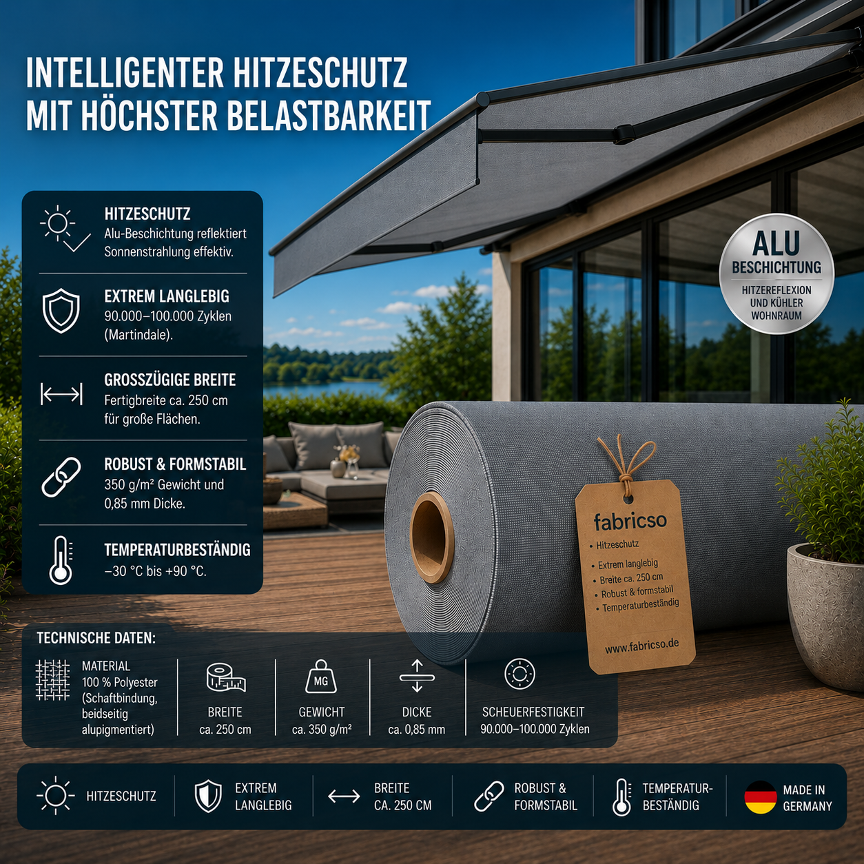 Fabricso Solara 250 – High-End Screen-Gewebe mit Alu-Beschichtung | 250cm fabricso