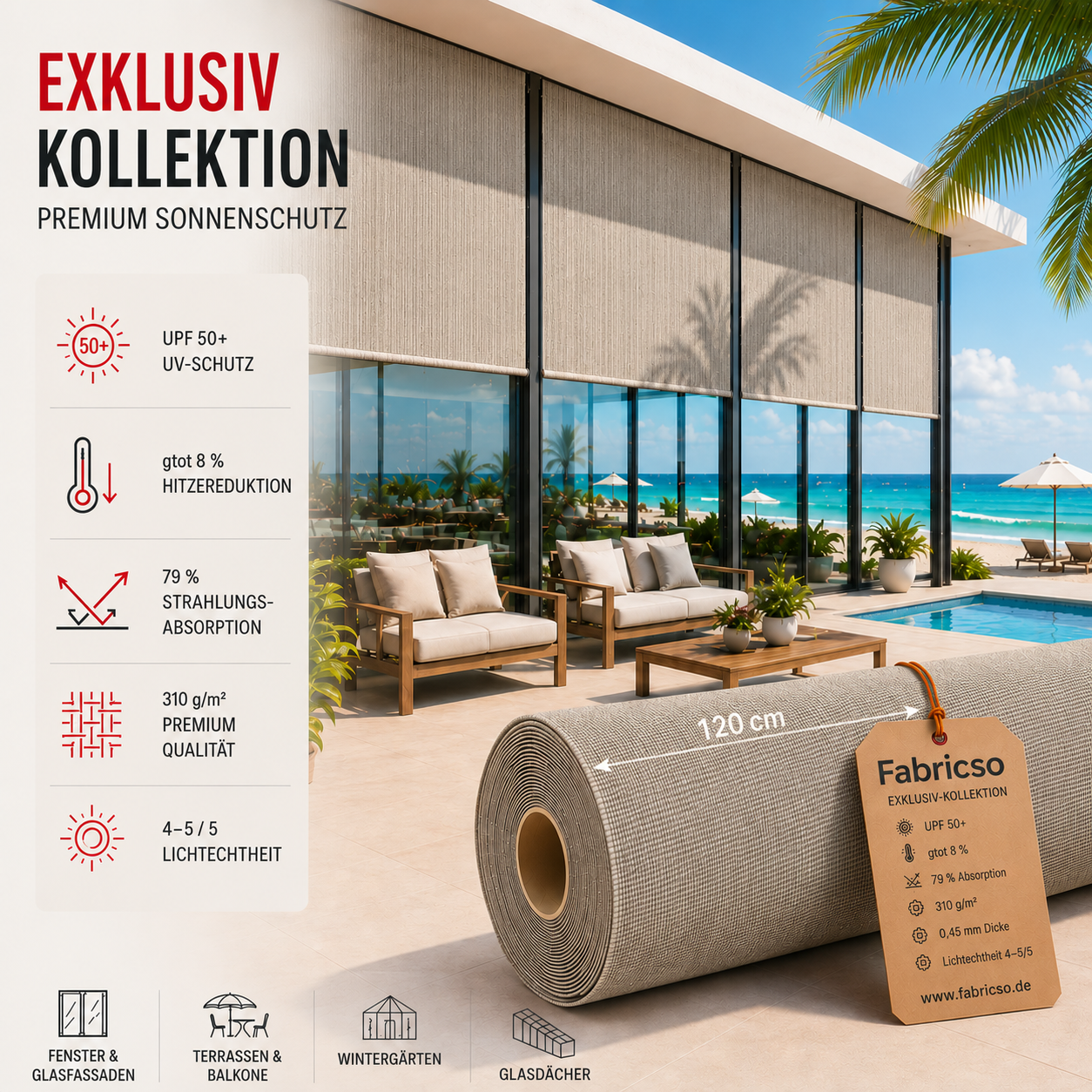 hochwertiger Sonnenschutzstoff für Fenster- und Glasfassaden, Terrassen/Balkone fabricso