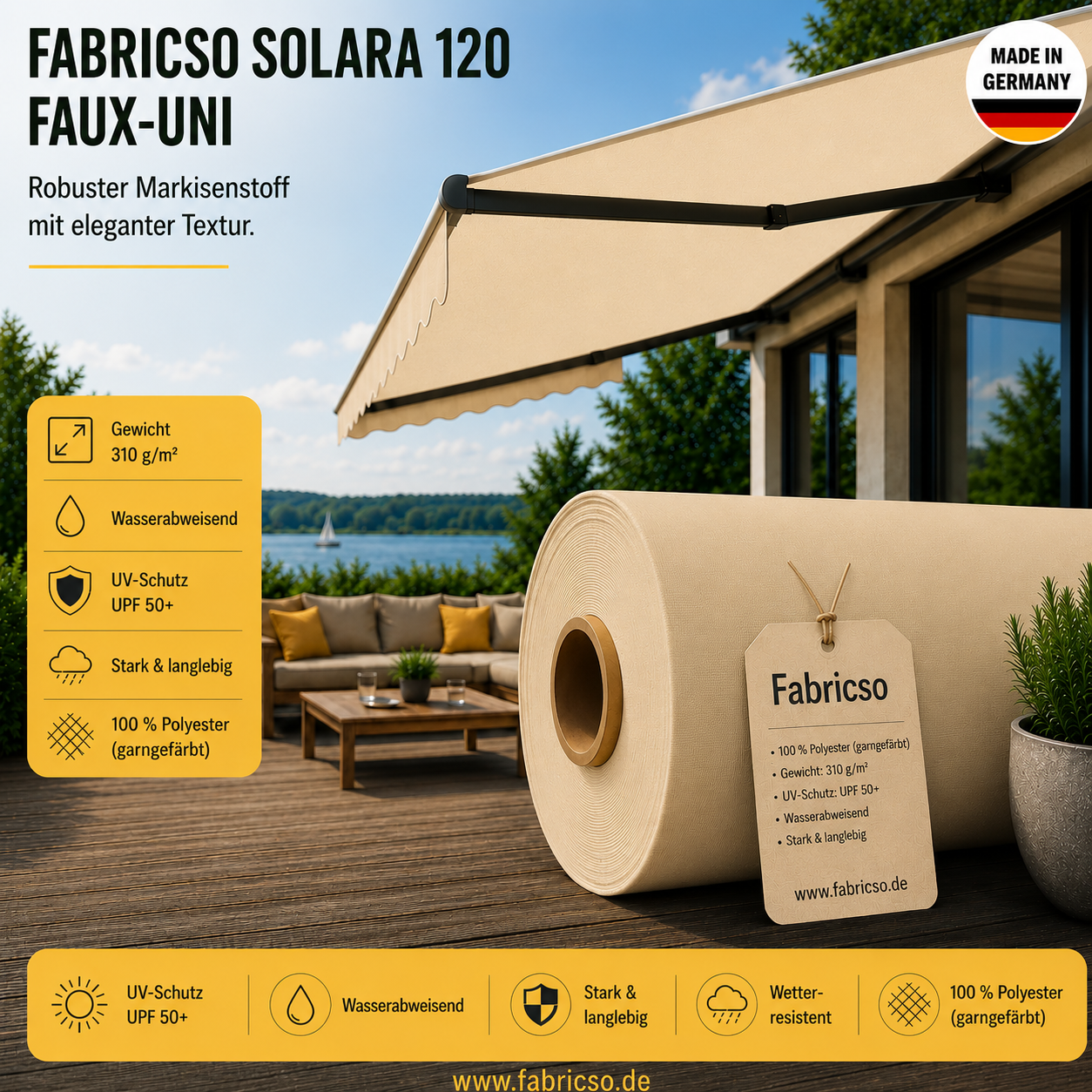 Fabricso Solara 120 Faux-Uni – Markisenstoff mit dezenter Struktur | UPF 50+ fabricso