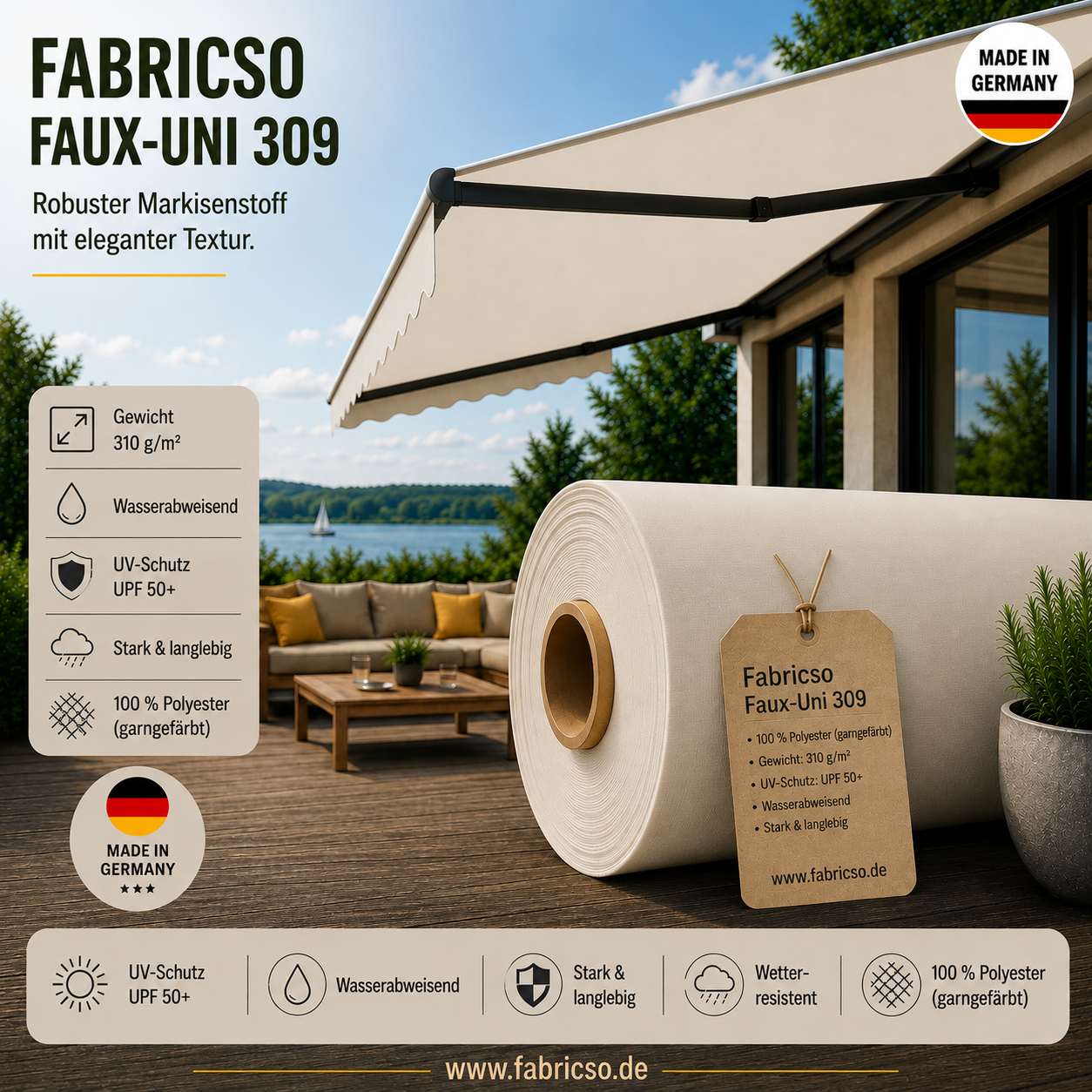 Fabricso Solara 120 Faux-Uni – Markisenstoff mit dezenter Struktur | UPF 50+ fabricso