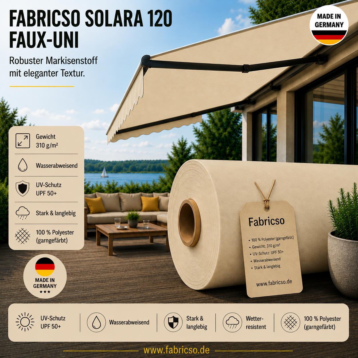 Fabricso Solara 120 Faux-Uni – Markisenstoff mit dezenter Struktur | UPF 50+ fabricso