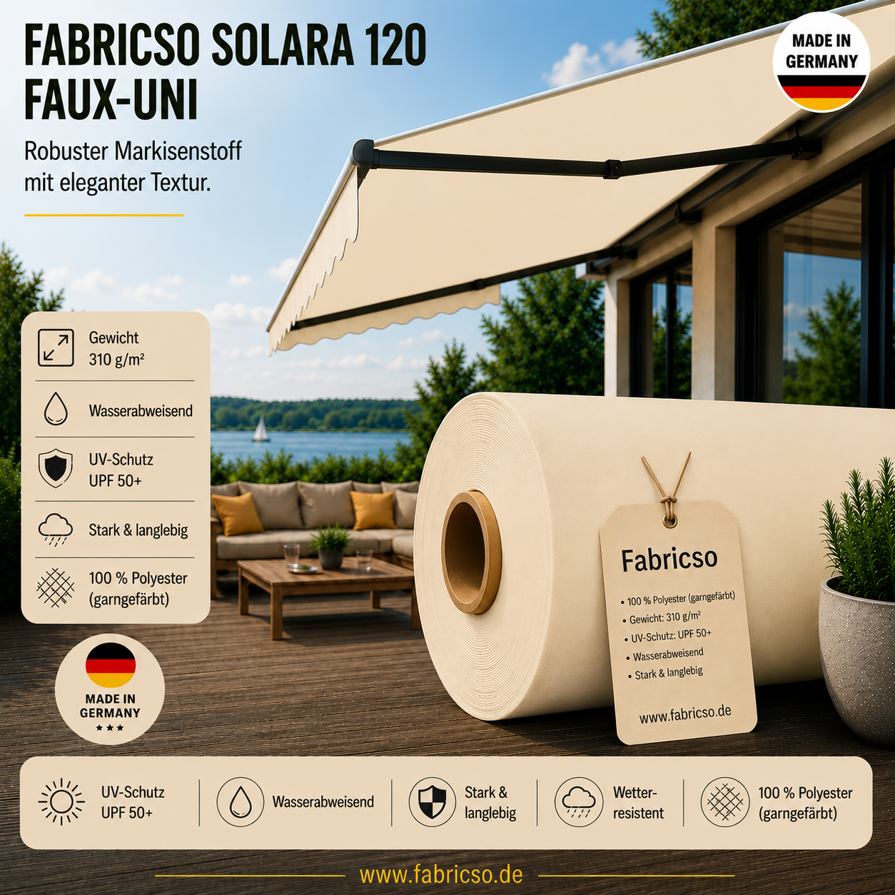 Fabricso Solara 120 Faux-Uni – Markisenstoff mit dezenter Struktur | UPF 50+ fabricso