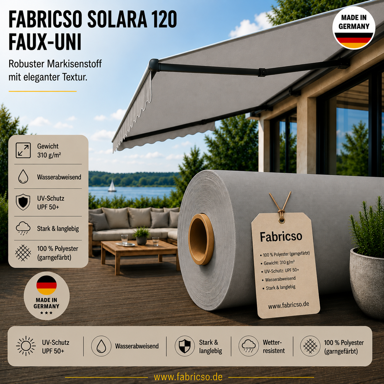 Fabricso Solara 120 Faux-Uni – Markisenstoff mit dezenter Struktur | UPF 50+ fabricso