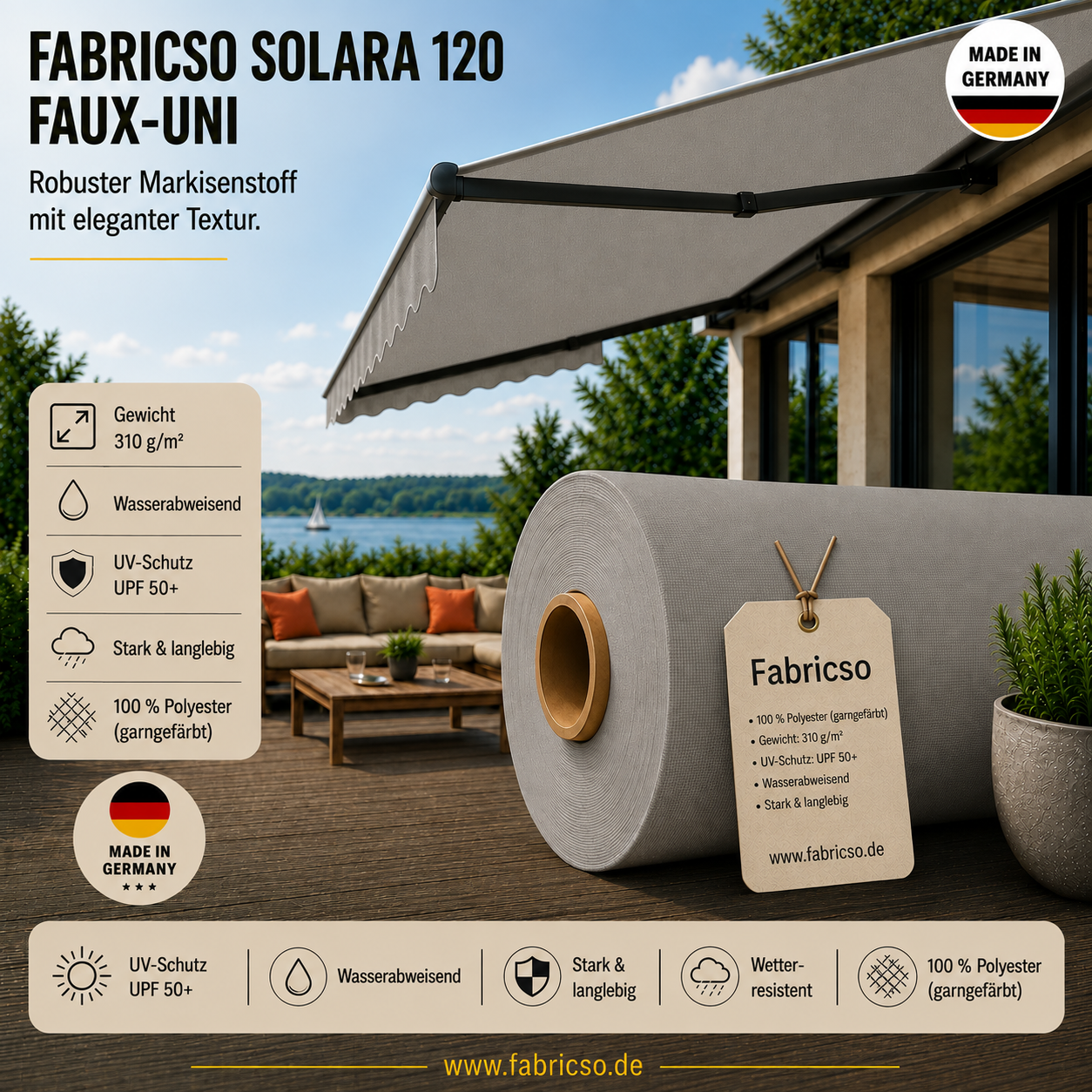 Fabricso Solara 120 Faux-Uni – Markisenstoff mit dezenter Struktur | UPF 50+ fabricso