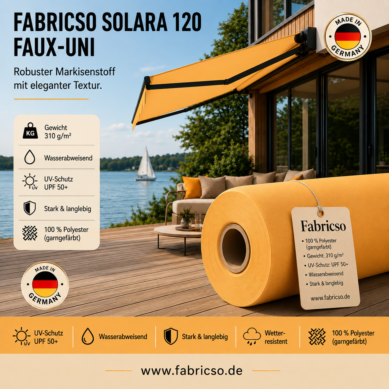 Fabricso Solara 120 Faux-Uni – Markisenstoff mit dezenter Struktur | UPF 50+ fabricso