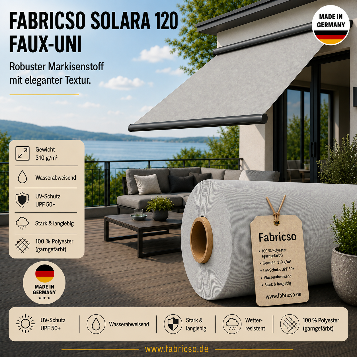Fabricso Solara 120 Faux-Uni – Markisenstoff mit dezenter Struktur | UPF 50+ fabricso