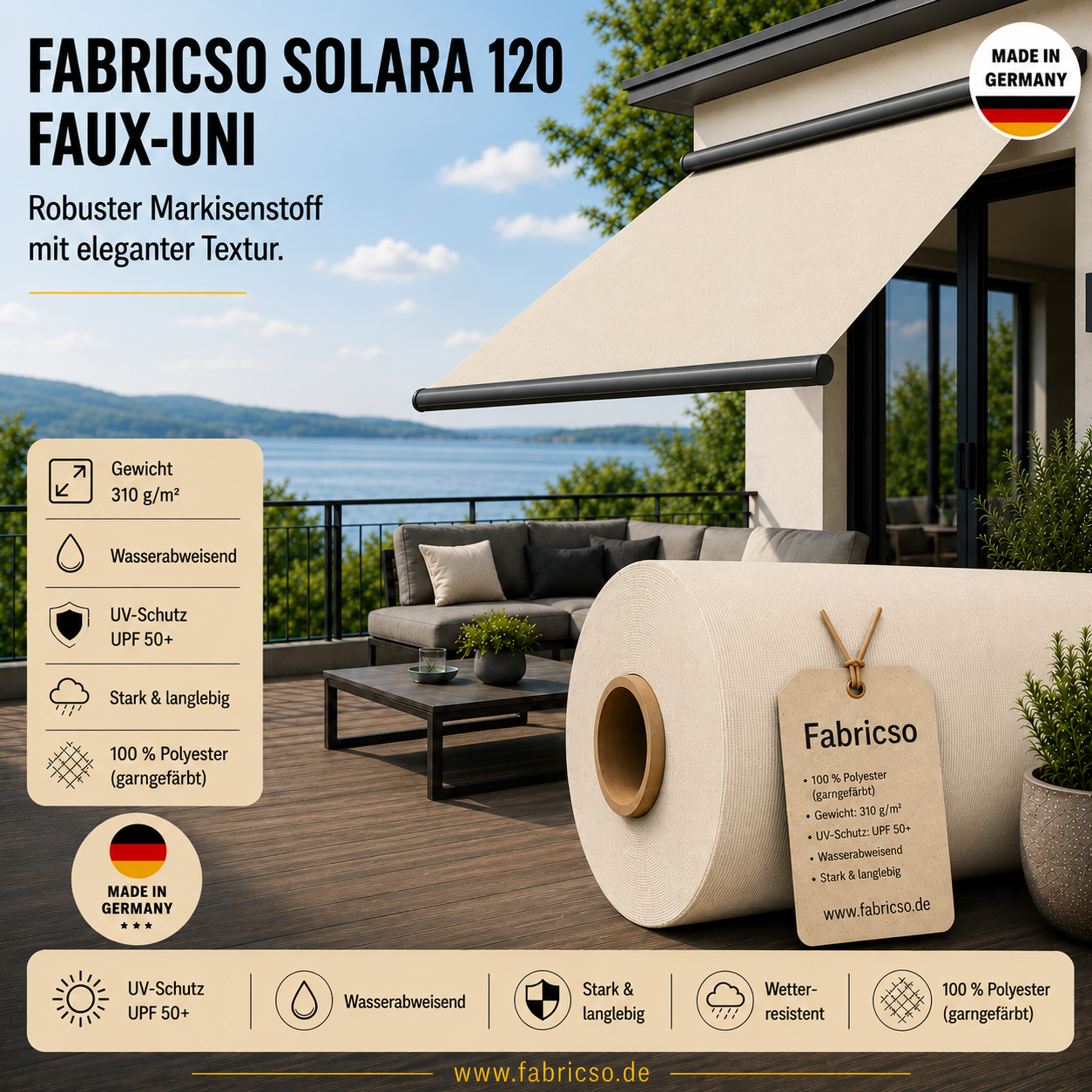 Fabricso Solara 120 Faux-Uni – Markisenstoff mit dezenter Struktur | UPF 50+ fabricso