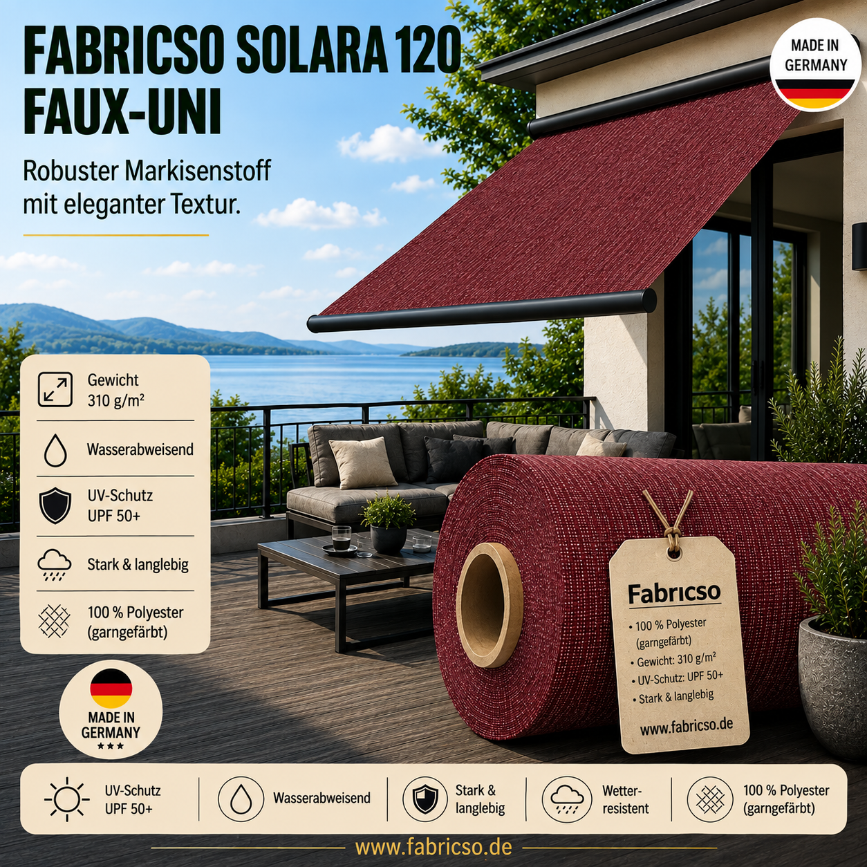 Fabricso Solara 120 Faux-Uni – Markisenstoff mit dezenter Struktur | UPF 50+ fabricso