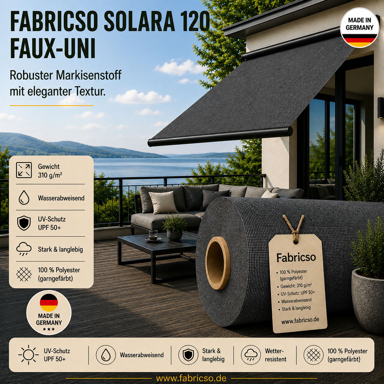 Fabricso Solara 120 Faux-Uni – Markisenstoff mit dezenter Struktur | UPF 50+ fabricso