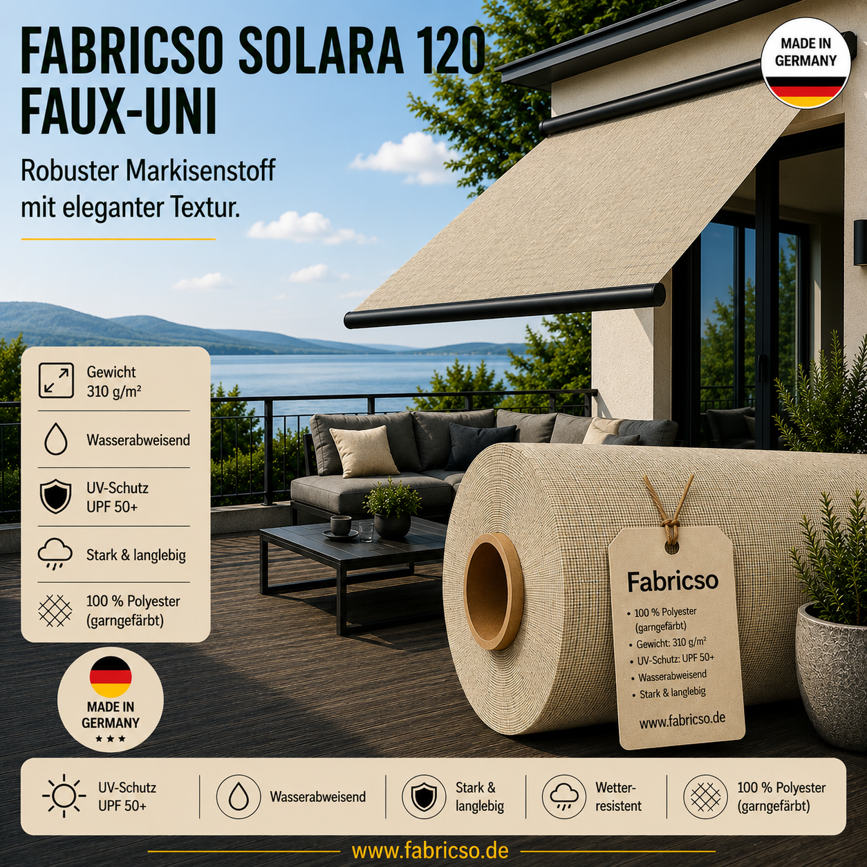 Fabricso Solara 120 Faux-Uni – Markisenstoff mit dezenter Struktur | UPF 50+ fabricso
