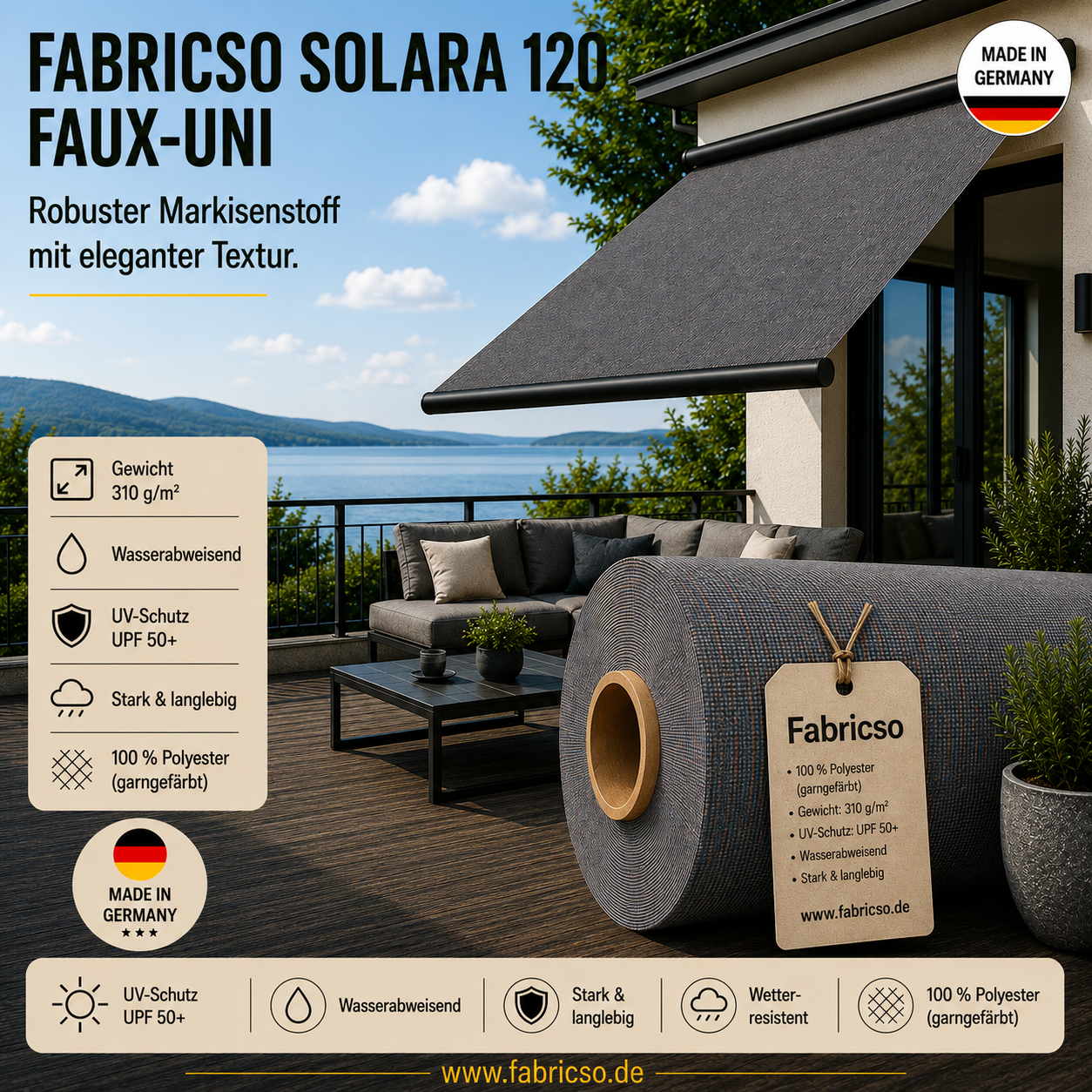 Fabricso Solara 120 Faux-Uni – Markisenstoff mit dezenter Struktur | UPF 50+ fabricso