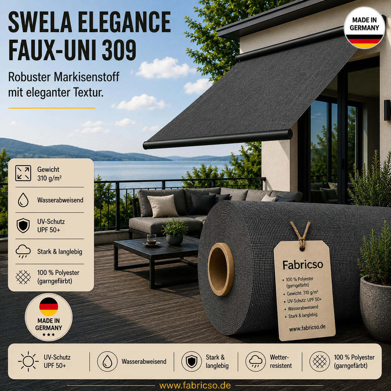 Swela 309 Elegance Faux-Uni – Markisenstoff mit dezenter Struktur | UPF 50+ fabricso