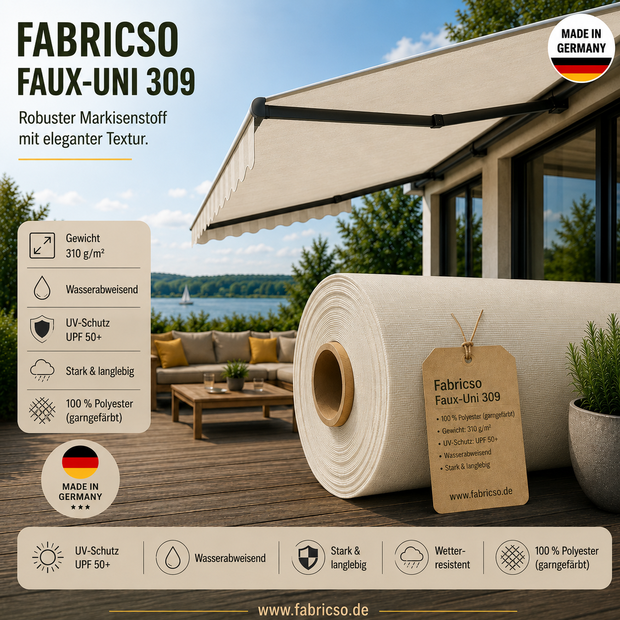 Swela 309 Elegance Faux-Uni – Markisenstoff mit dezenter Struktur | UPF 50+ fabricso