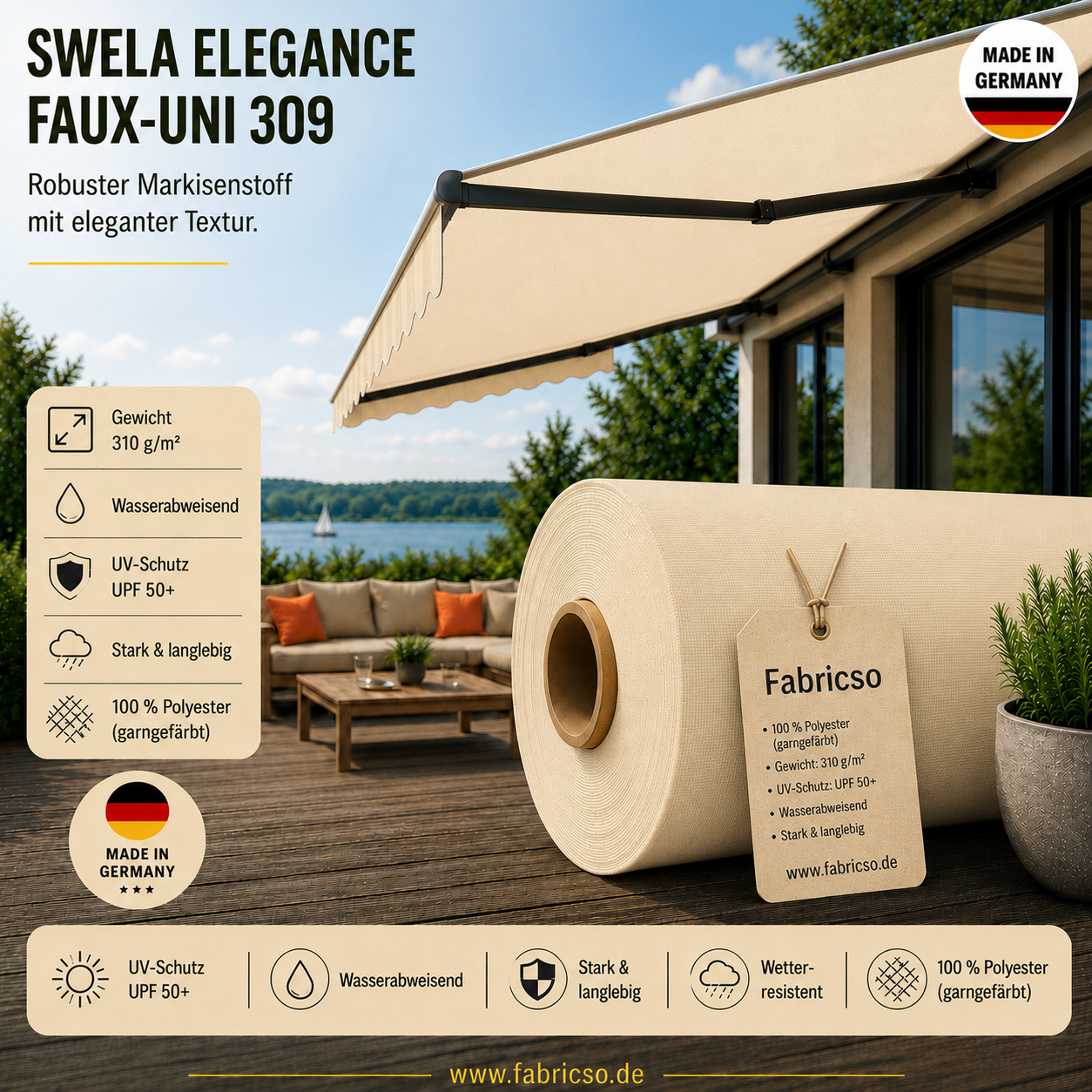 Swela 309 Elegance Faux-Uni – Markisenstoff mit dezenter Struktur | UPF 50+ fabricso