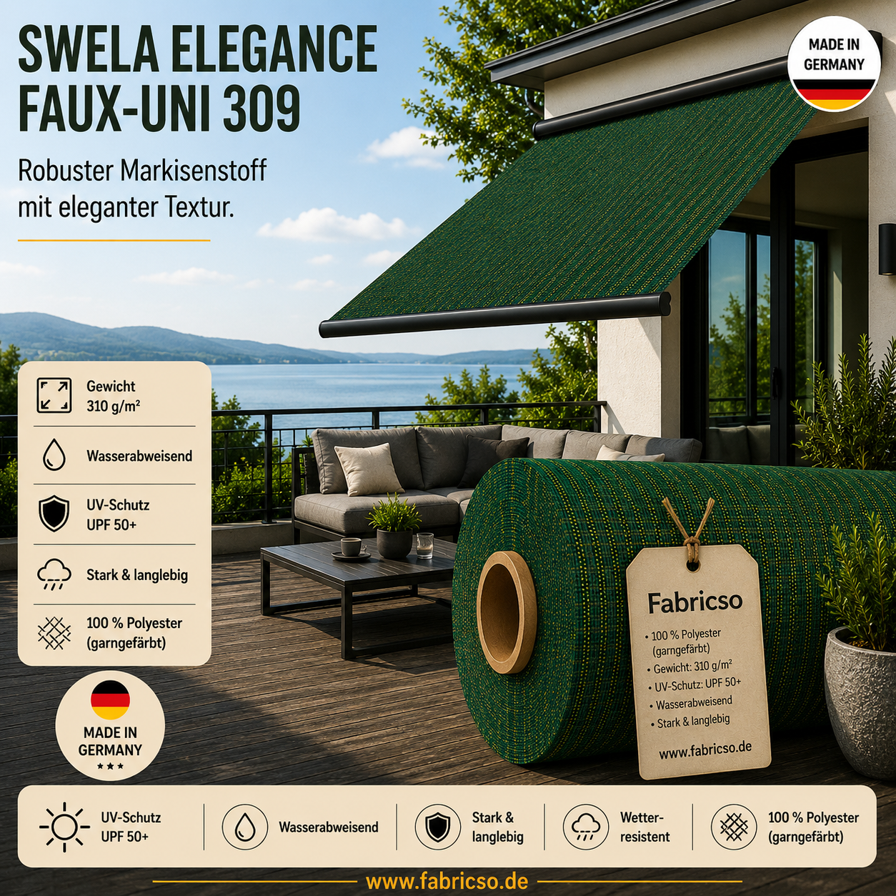 Swela 309 Elegance Faux-Uni – Markisenstoff mit dezenter Struktur | UPF 50+ fabricso