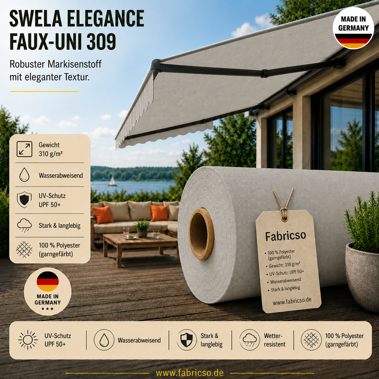 Swela 309 Elegance Faux-Uni – Markisenstoff mit dezenter Struktur | UPF 50+ fabricso
