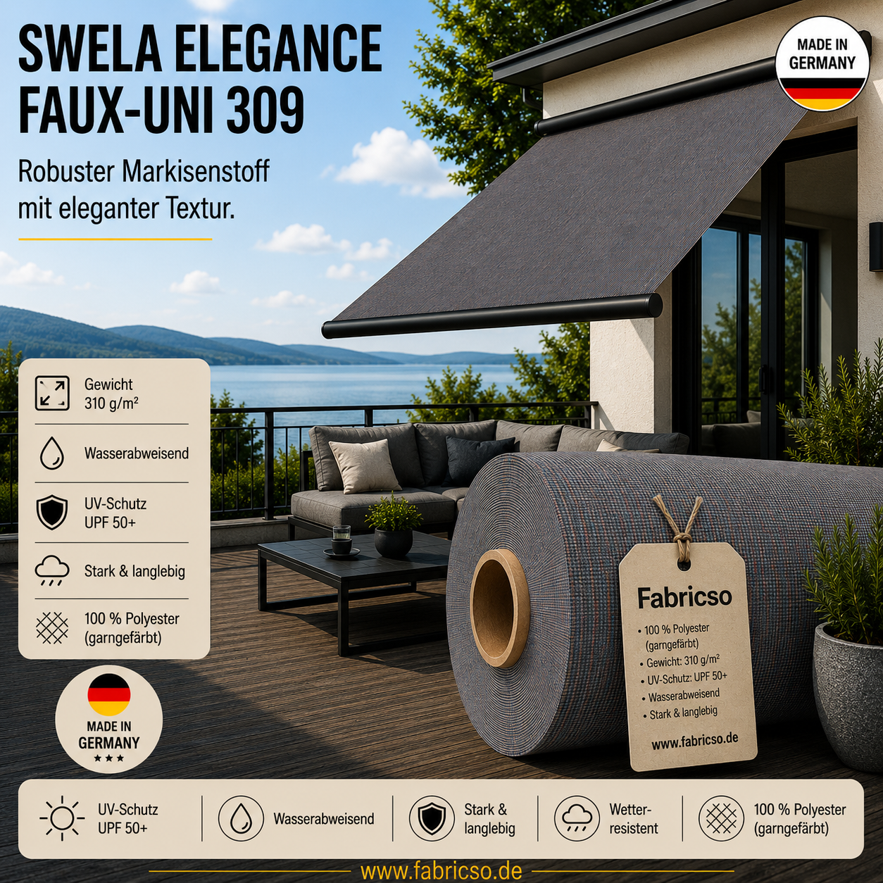 Swela 309 Elegance Faux-Uni – Markisenstoff mit dezenter Struktur | UPF 50+ fabricso