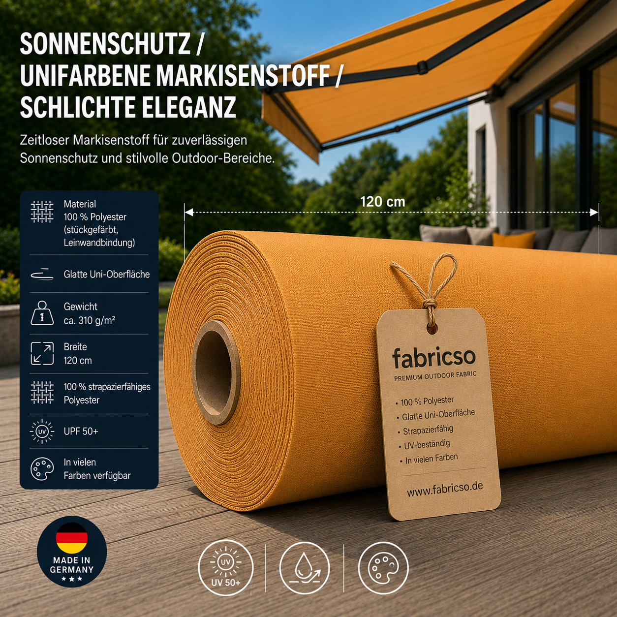 Swela 310 Elegance Uni: Klassischer, glatter Markisenstoff mit UPF 50+. Stückgefärbt, 310g/m²
