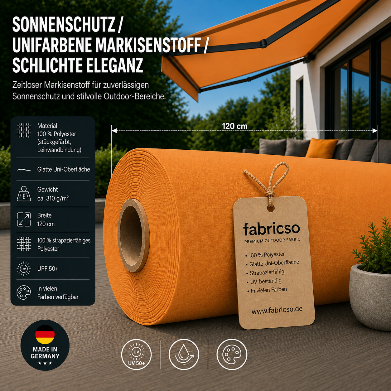 Fabricso Solara 120: Klassischer, glatter Markisenstoff mit UPF 50+. Stückgefärbt, 310g/m² fabricso