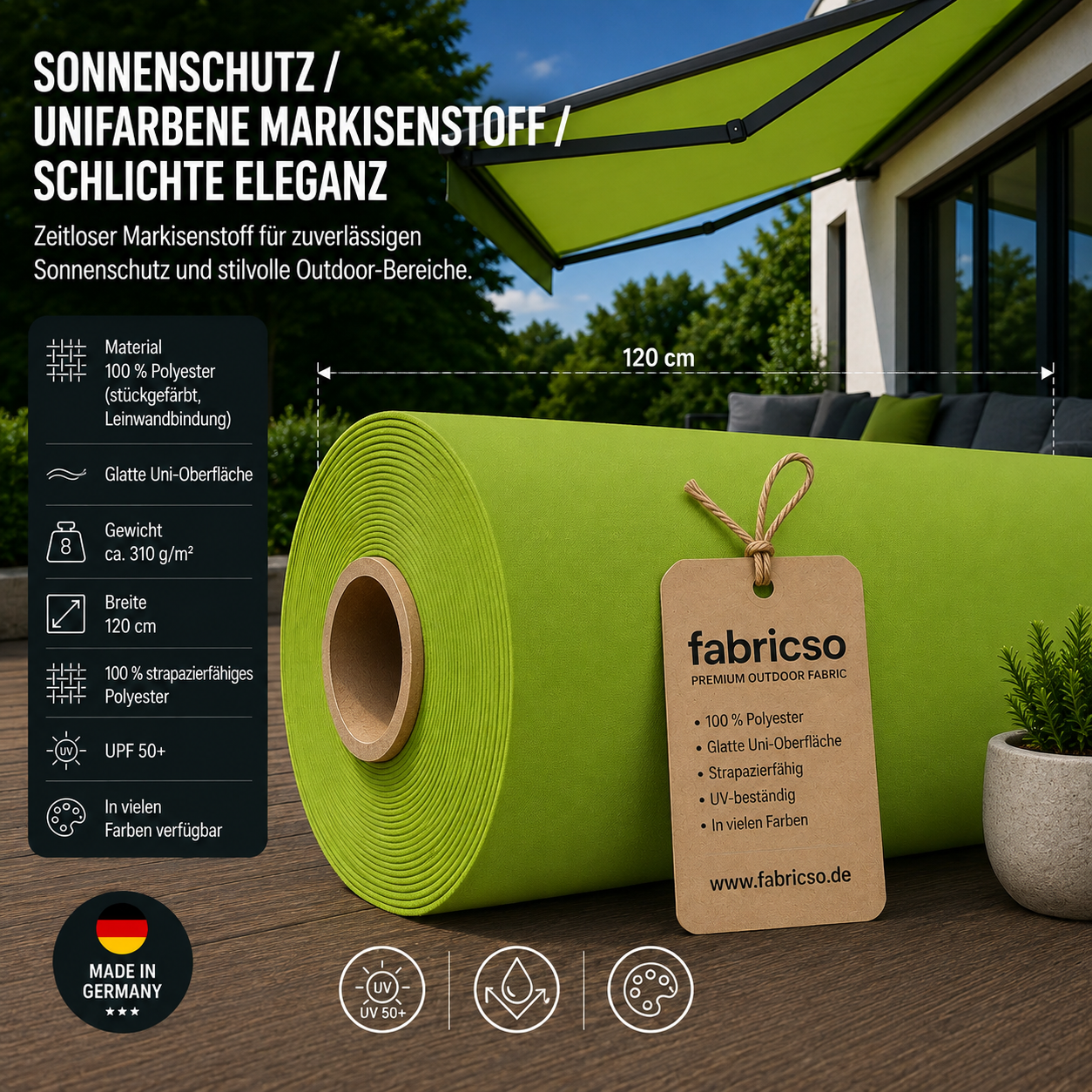 Fabricso Solara 120: Klassischer, glatter Markisenstoff mit UPF 50+. Stückgefärbt, 310g/m² fabricso