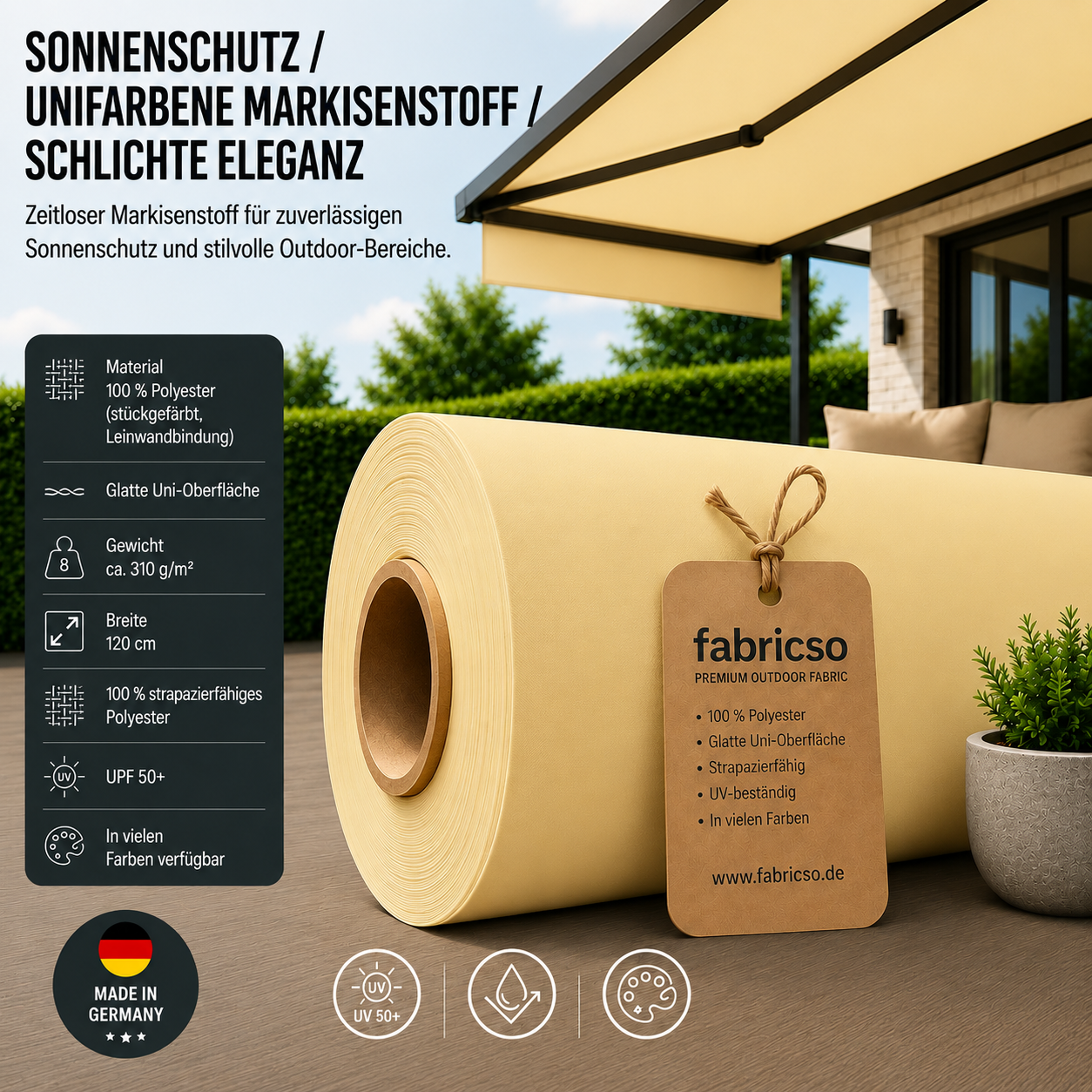 Fabricso Solara 120: Klassischer, glatter Markisenstoff mit UPF 50+. Stückgefärbt, 310g/m² fabricso