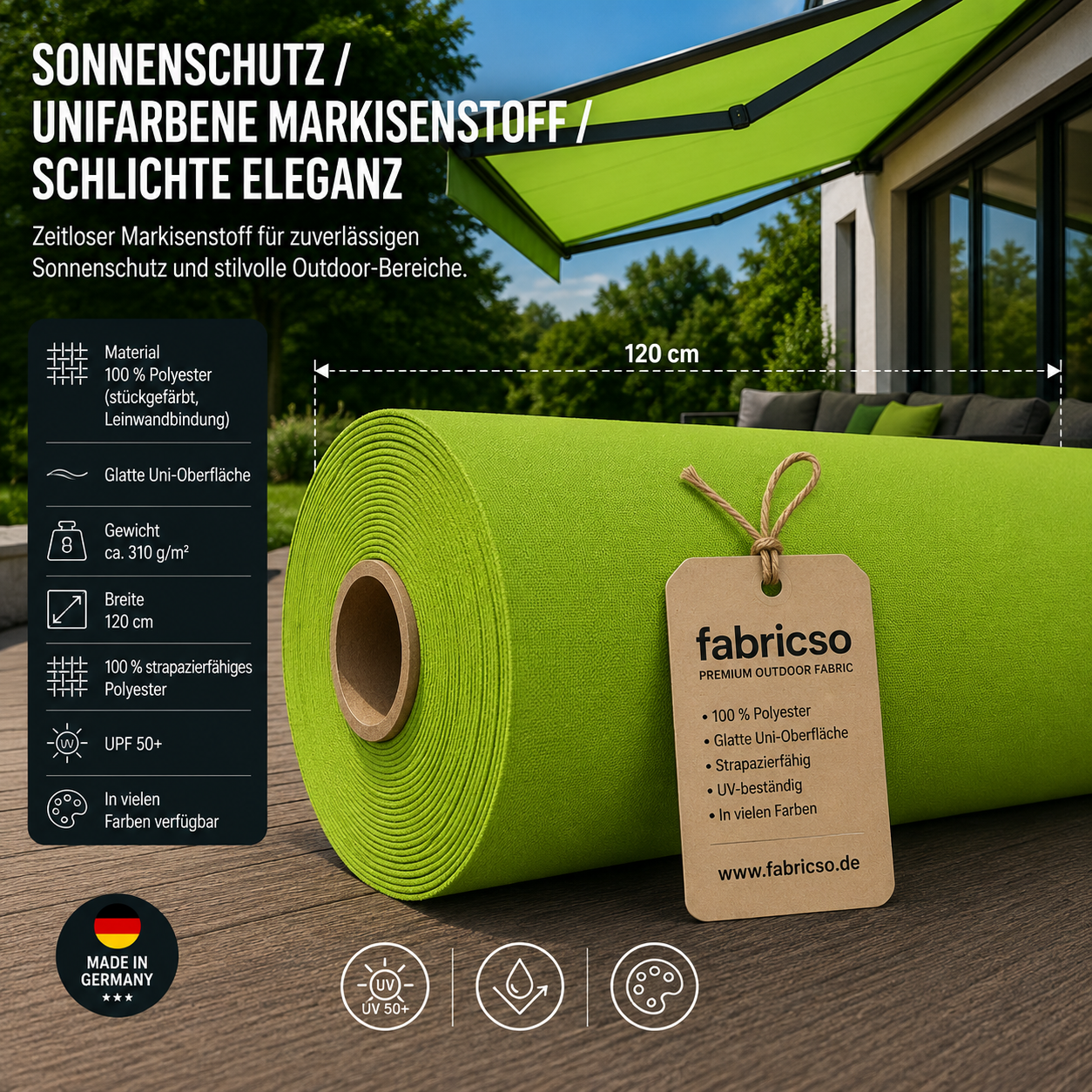 Swela 310 Elegance Uni: Klassischer, glatter Markisenstoff mit UPF 50+. Stückgefärbt, 310g/m² fabricso