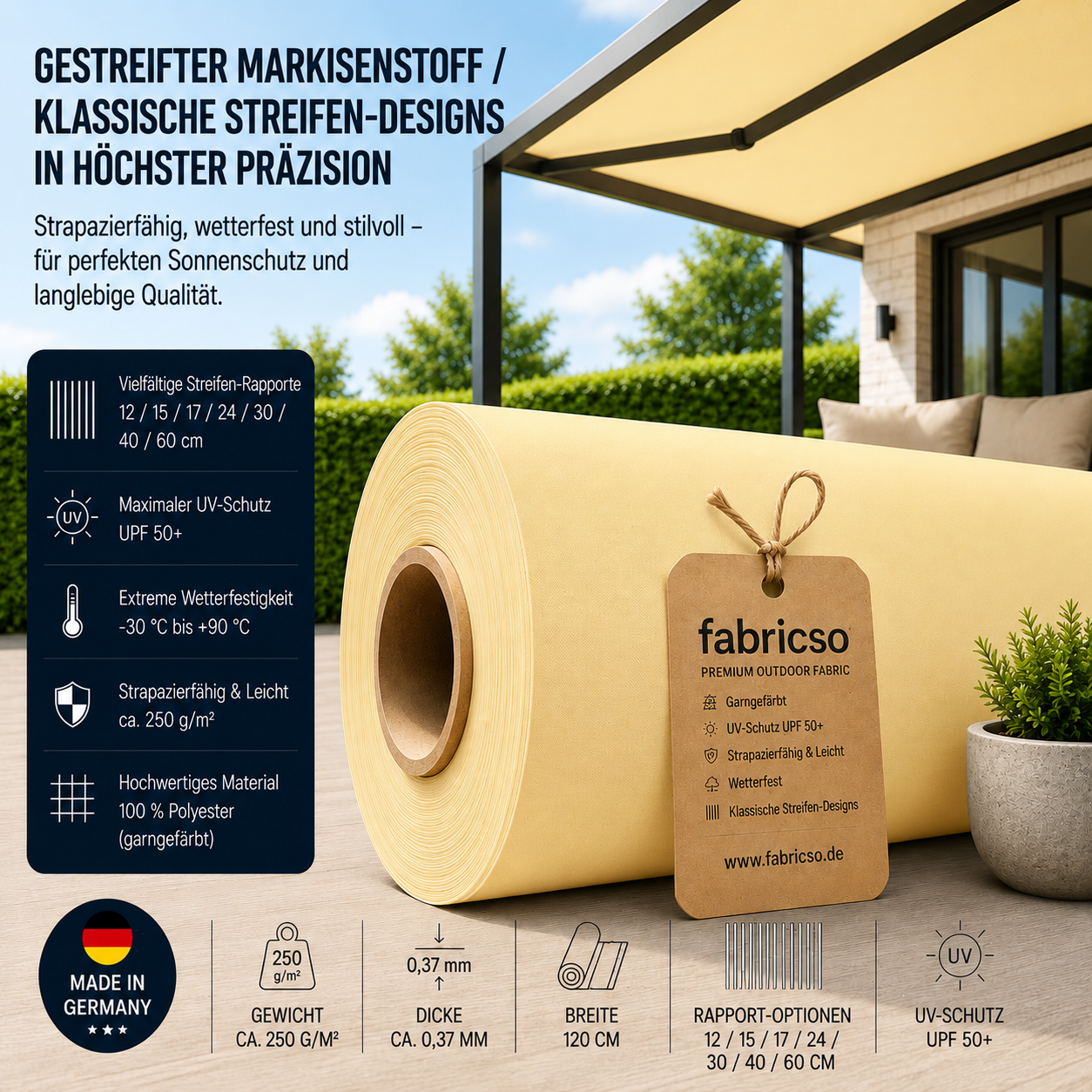 Swela 310 Elegance Uni: Klassischer, glatter Markisenstoff mit UPF 50+. Stückgefärbt, 310g/m² fabricso