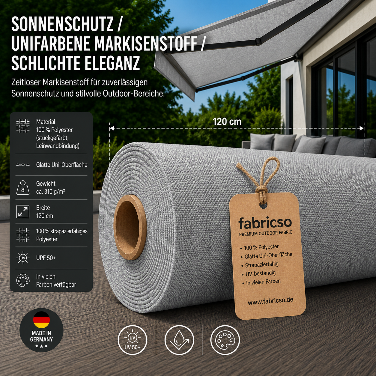Swela 310 Elegance Uni: Klassischer, glatter Markisenstoff mit UPF 50+. Stückgefärbt, 310g/m² fabricso