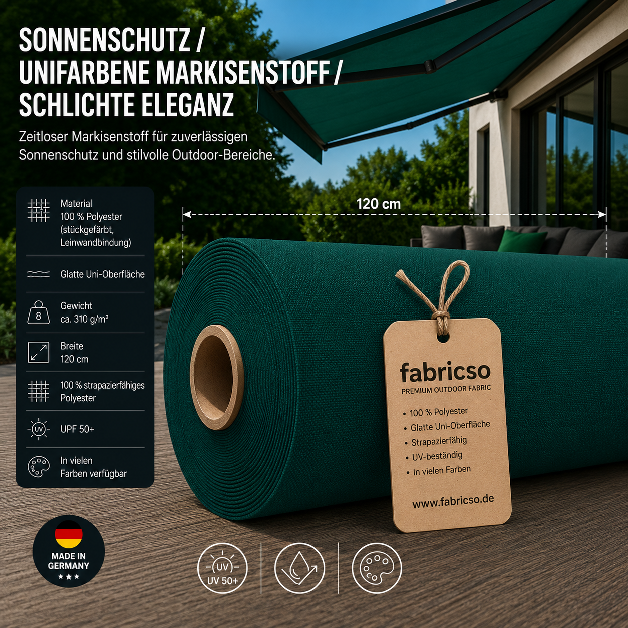 Swela 310 Elegance Uni: Klassischer, glatter Markisenstoff mit UPF 50+. Stückgefärbt, 310g/m² fabricso