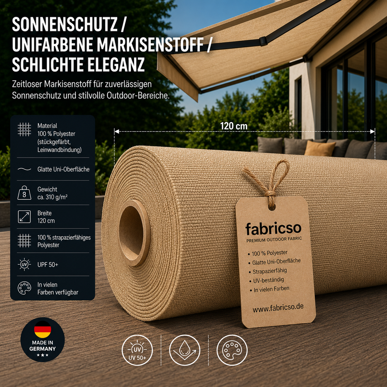 Swela 310 Elegance Uni: Klassischer, glatter Markisenstoff mit UPF 50+. Stückgefärbt, 310g/m² fabricso