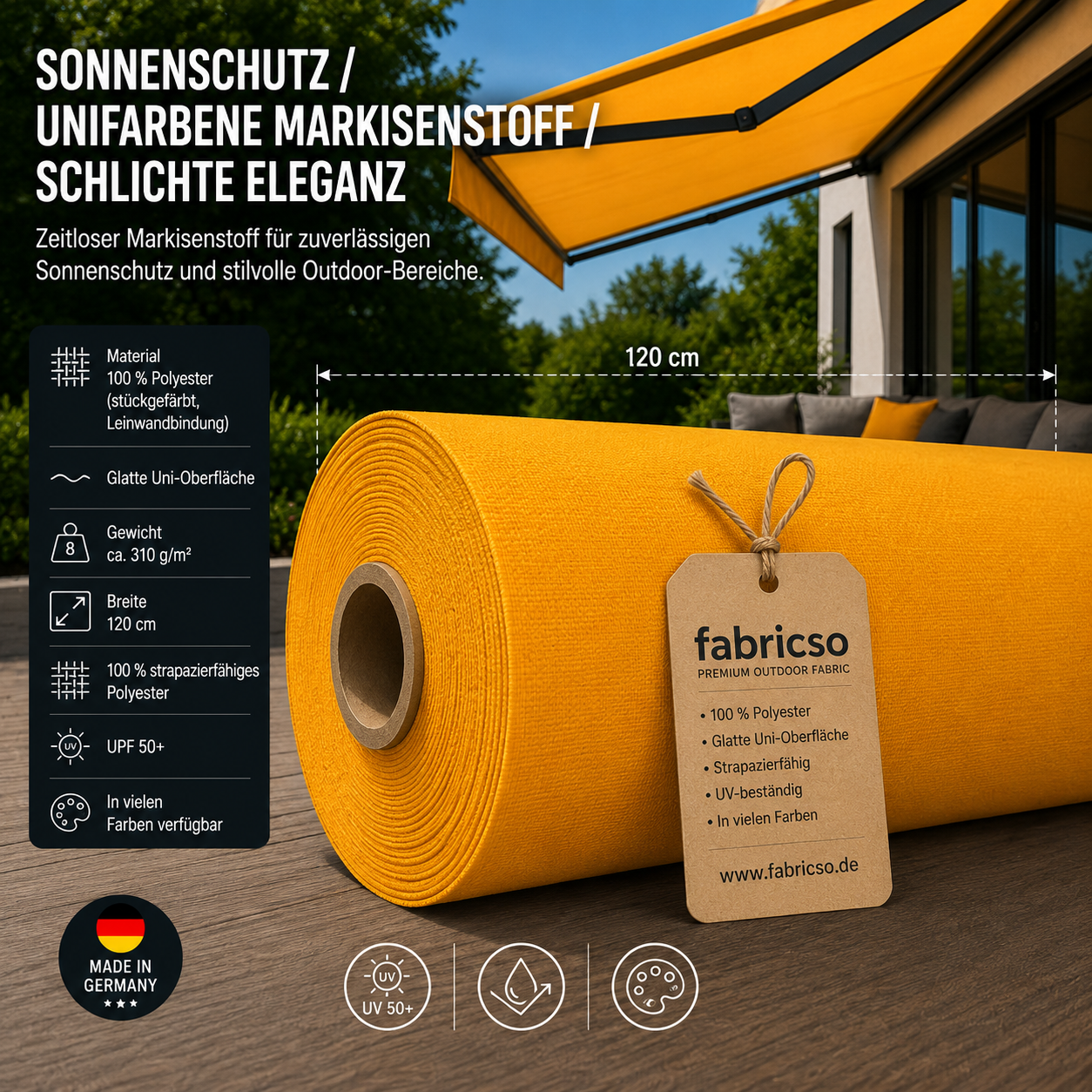 Swela 310 Elegance Uni: Klassischer, glatter Markisenstoff mit UPF 50+. Stückgefärbt, 310g/m² fabricso