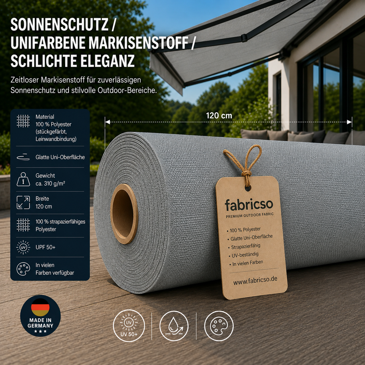 Swela 310 Elegance Uni: Klassischer, glatter Markisenstoff mit UPF 50+. Stückgefärbt, 310g/m² fabricso