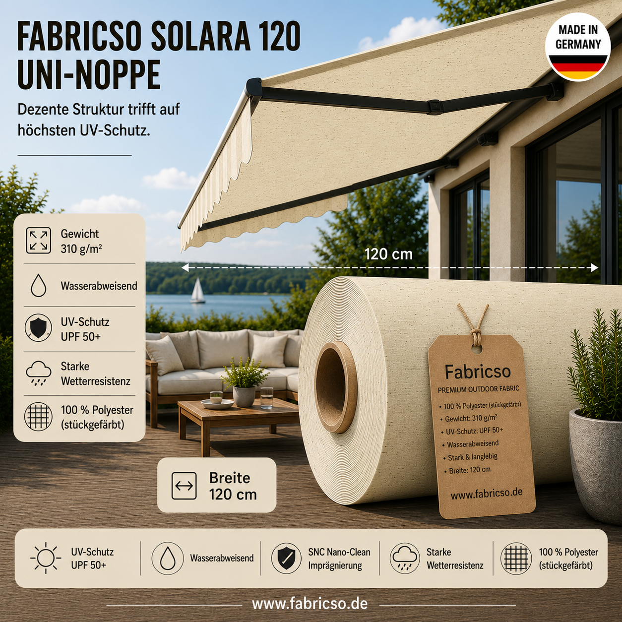 Fabricso Solara 120 Uni-Noppe – Strukturierter Markisenstoff | UPF 50+ & Langlebig fabricso