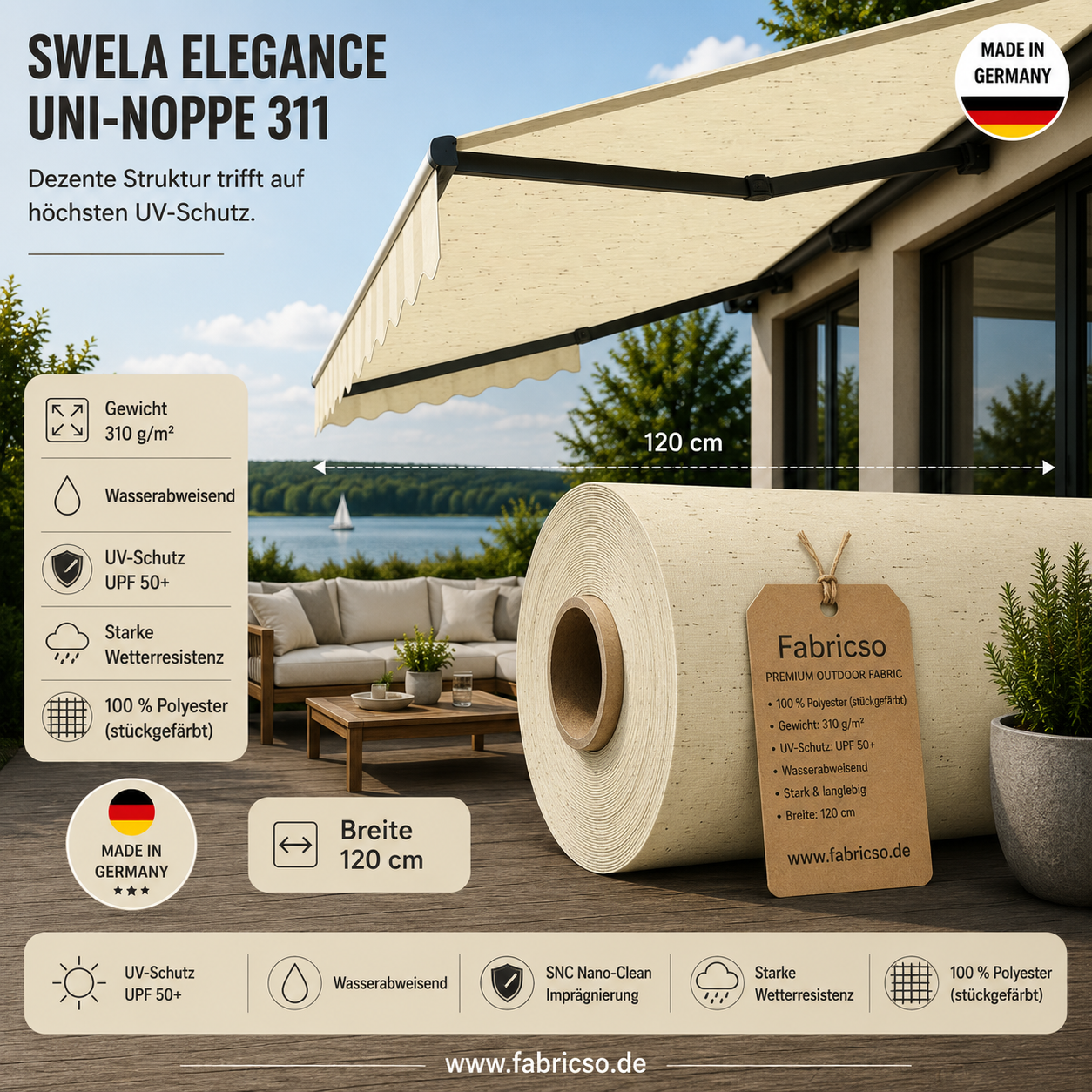 Swela 311 Elegance Uni-Noppe – Strukturierter Markisenstoff | UPF 50+ & Langlebig fabricso