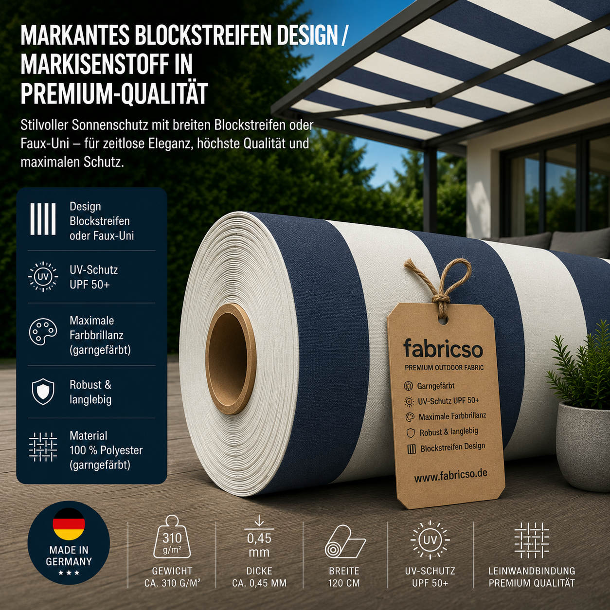 Fabricso Solara 120 Elegance – Markisenstoff mit Blockstreifen & Faux-Uni | UPF 50+ fabricso