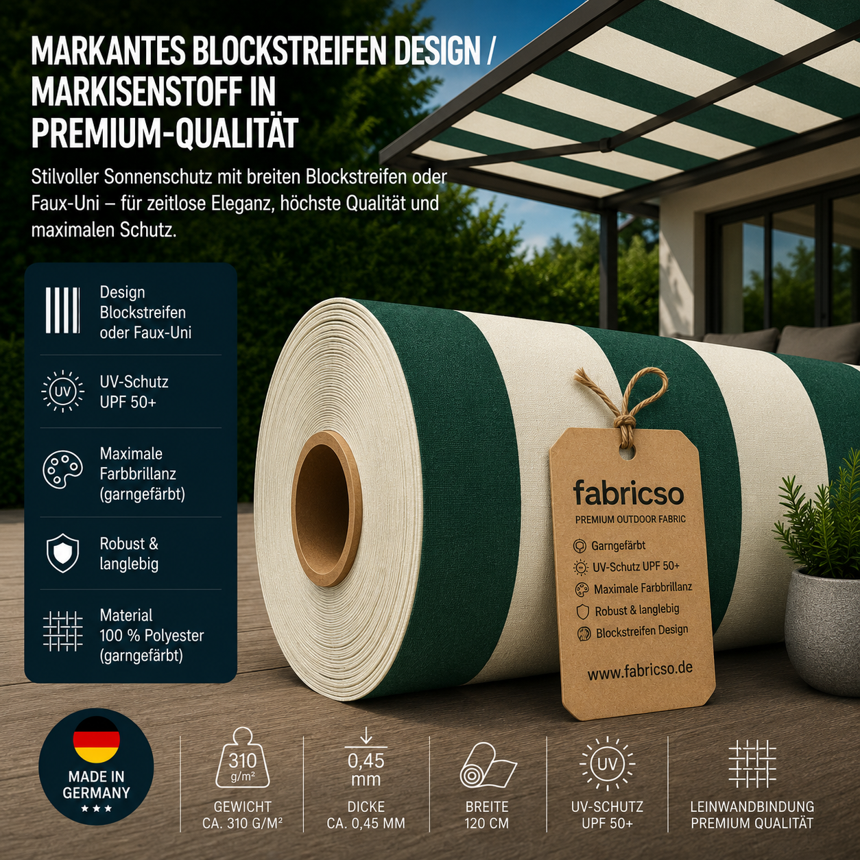 Fabricso Solara 120 Elegance – Markisenstoff mit Blockstreifen & Faux-Uni | UPF 50+ fabricso