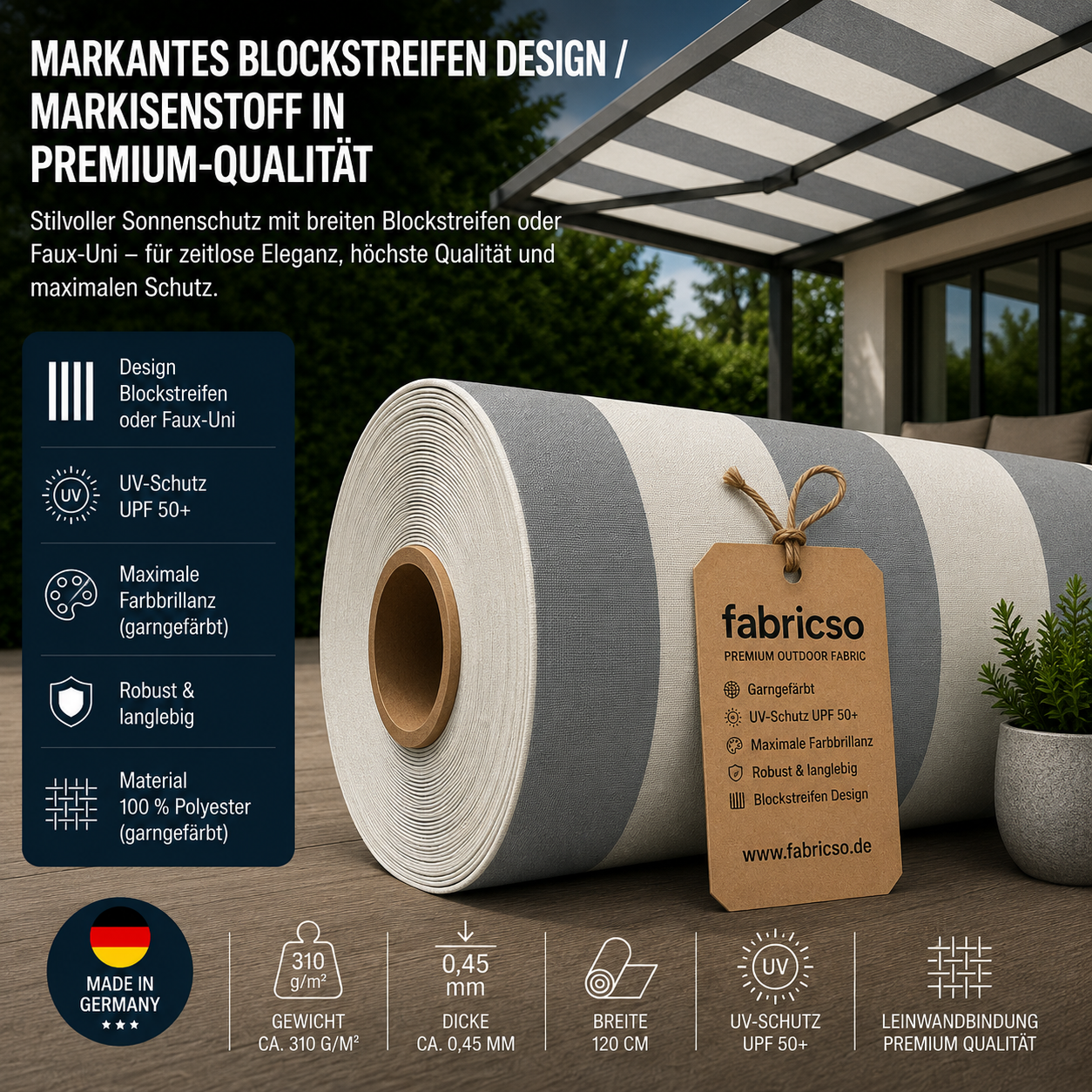 Fabricso Solara 120 Elegance – Markisenstoff mit Blockstreifen & Faux-Uni | UPF 50+ fabricso