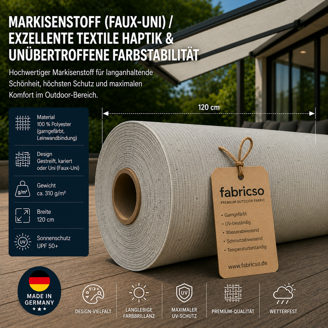 Swela 314 Elegance – Premium Markisenstoff | UPF 50+ & Große Design-Auswahl